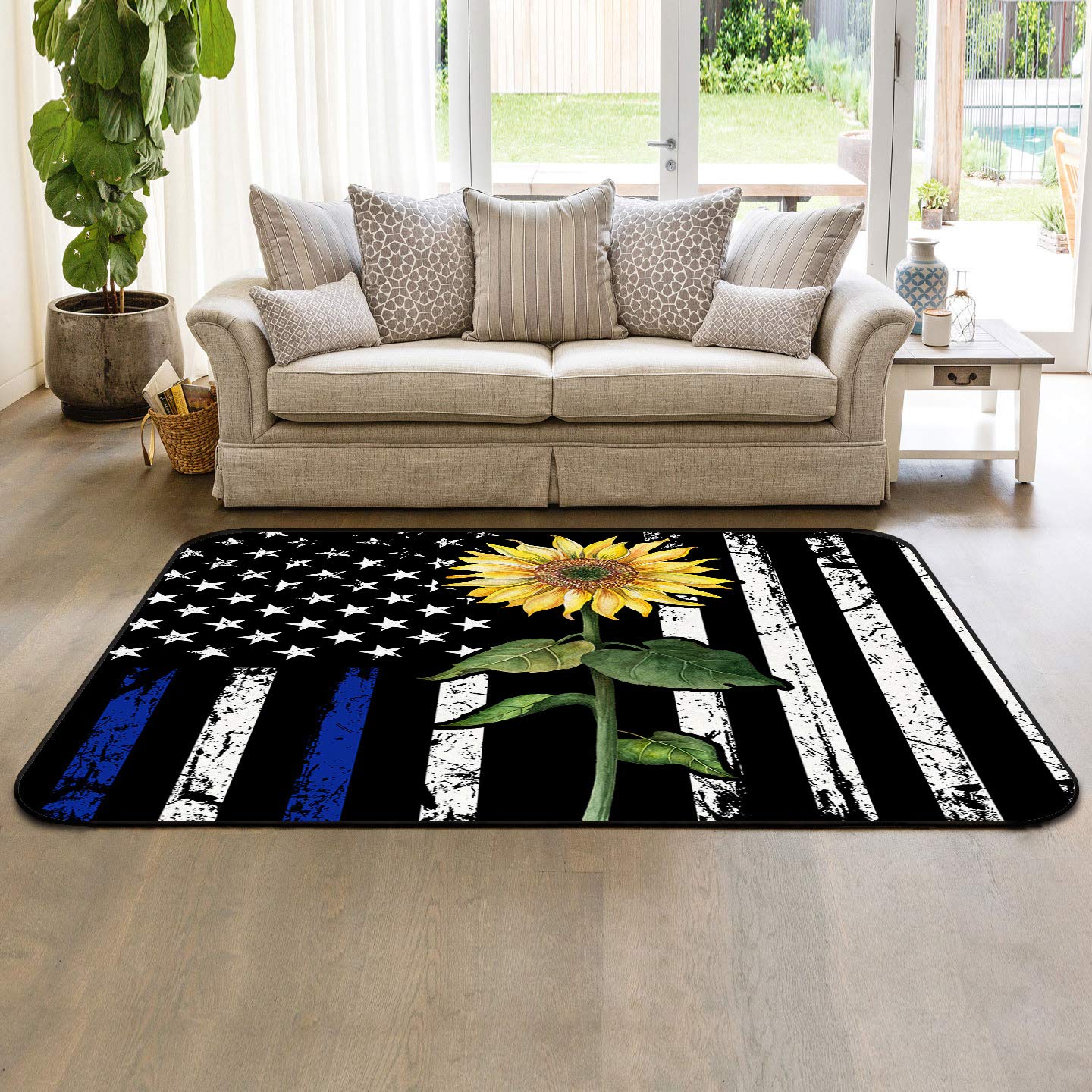 5' x 7' Modern Thin Blue Line American Flag Stripes Nursery Rug - Soft Kids Carpet with Yellow Sunflower Design for Children's Room, Living Room & Bedroom | Indoor Outdoor Floor Mat for Home Decor & Play Area