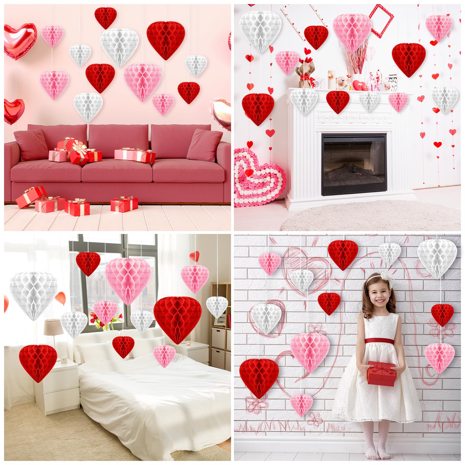 12 Pcs Valentine's Day Heart Shaped Honeycomb Ball Decorations - Red Paper Pom Poms Hanging Pendants for Wedding, Bridal Shower, Party & Photo Backdrop Ceiling Decor (Perfect for Romantic Proposals, Anniversary Celebrations & Home Decoration)