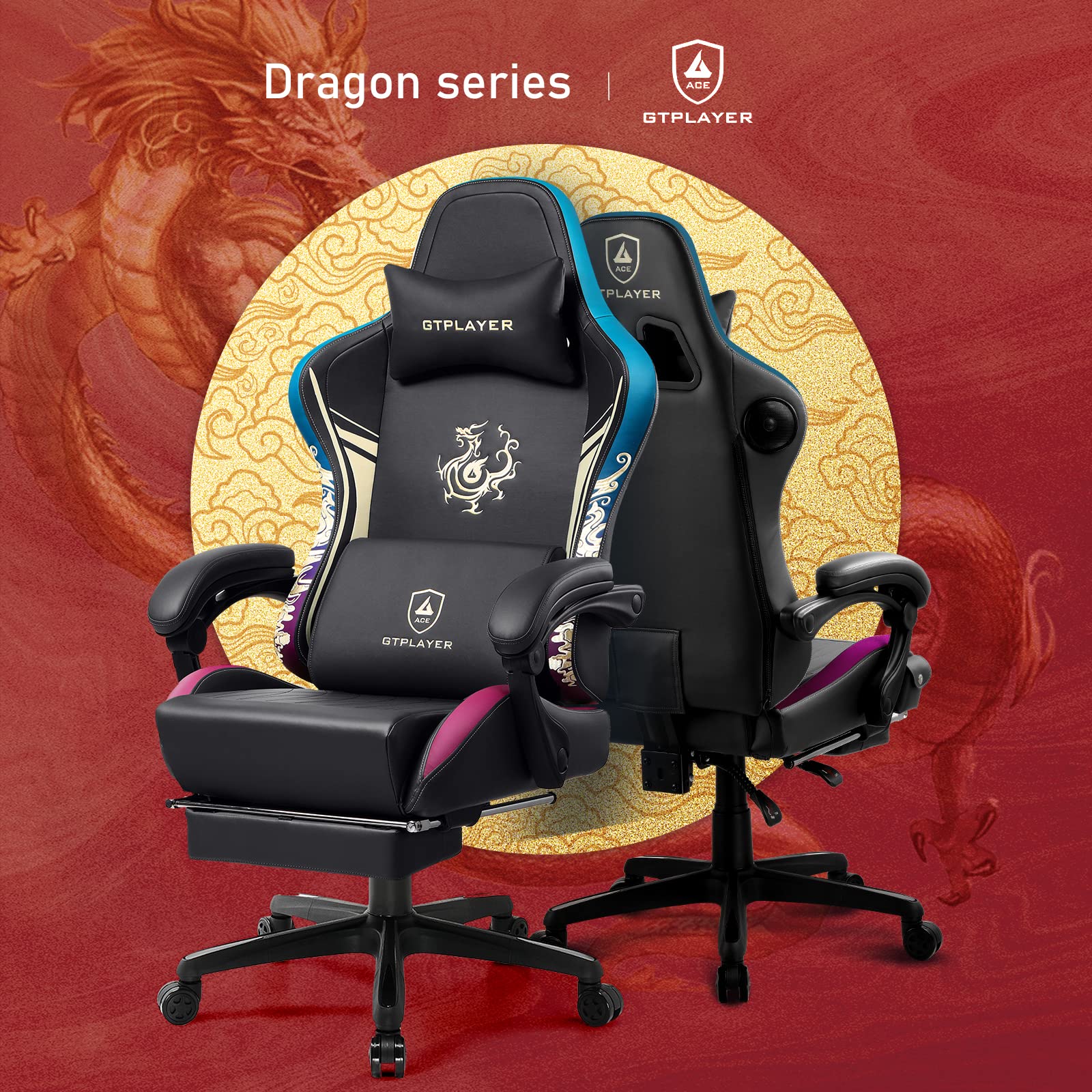 GTPLAYER Bluetooth Gaming Chair with Built-in Speakers & Footrest - Dragon Series Ergonomic Video Game Chair for PC, Office & Esports - Heavy Duty Computer Desk Chair by GTRACING (Black) - Perfect for Gaming Sessions, Work from Home & Streaming Setup