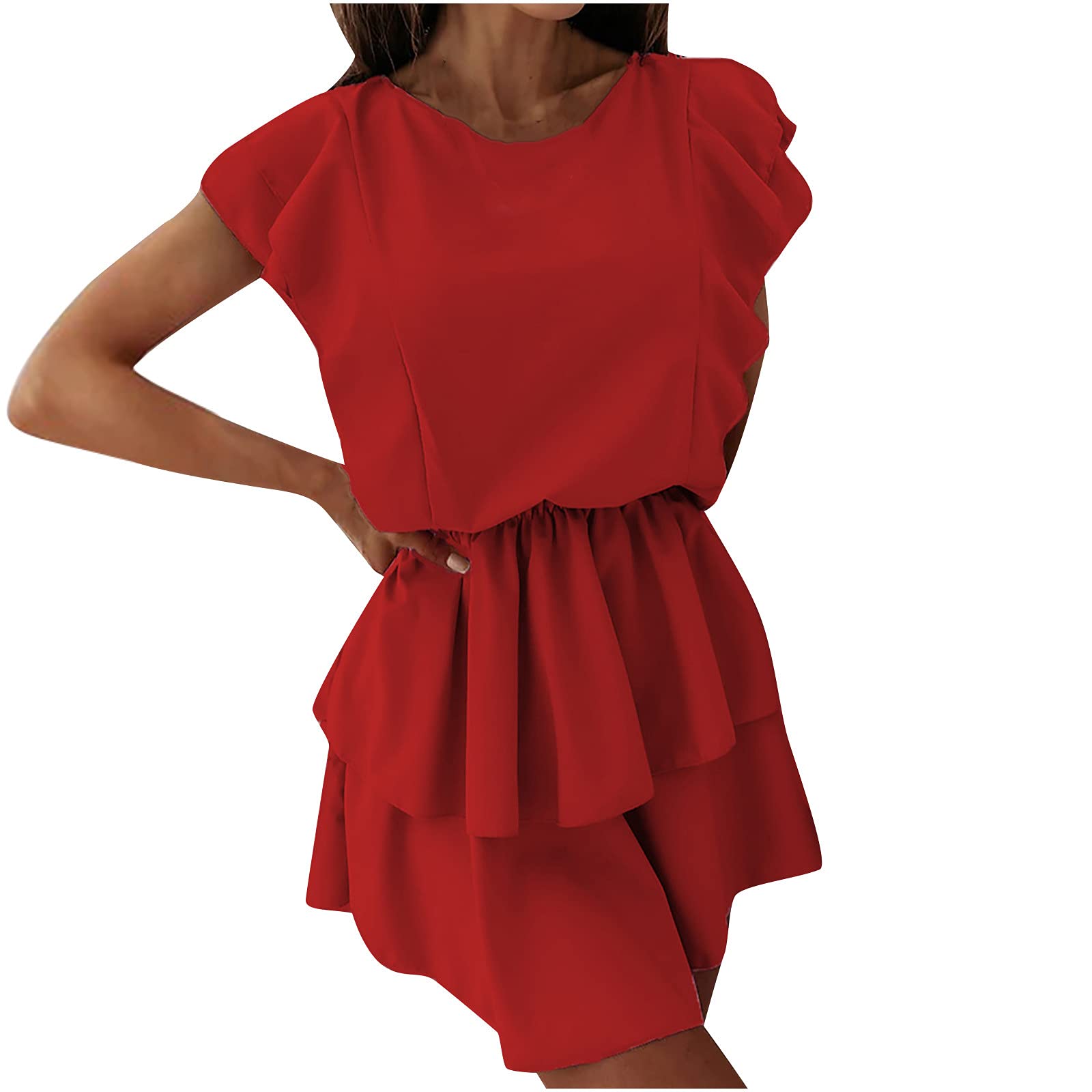 Zemixi Women's Cute Summer Mini Dress - Solid Color Double Ruffle Sleeveless O-Neck Dress for Casual Wear, Beach Vacation & Date Night Outfits