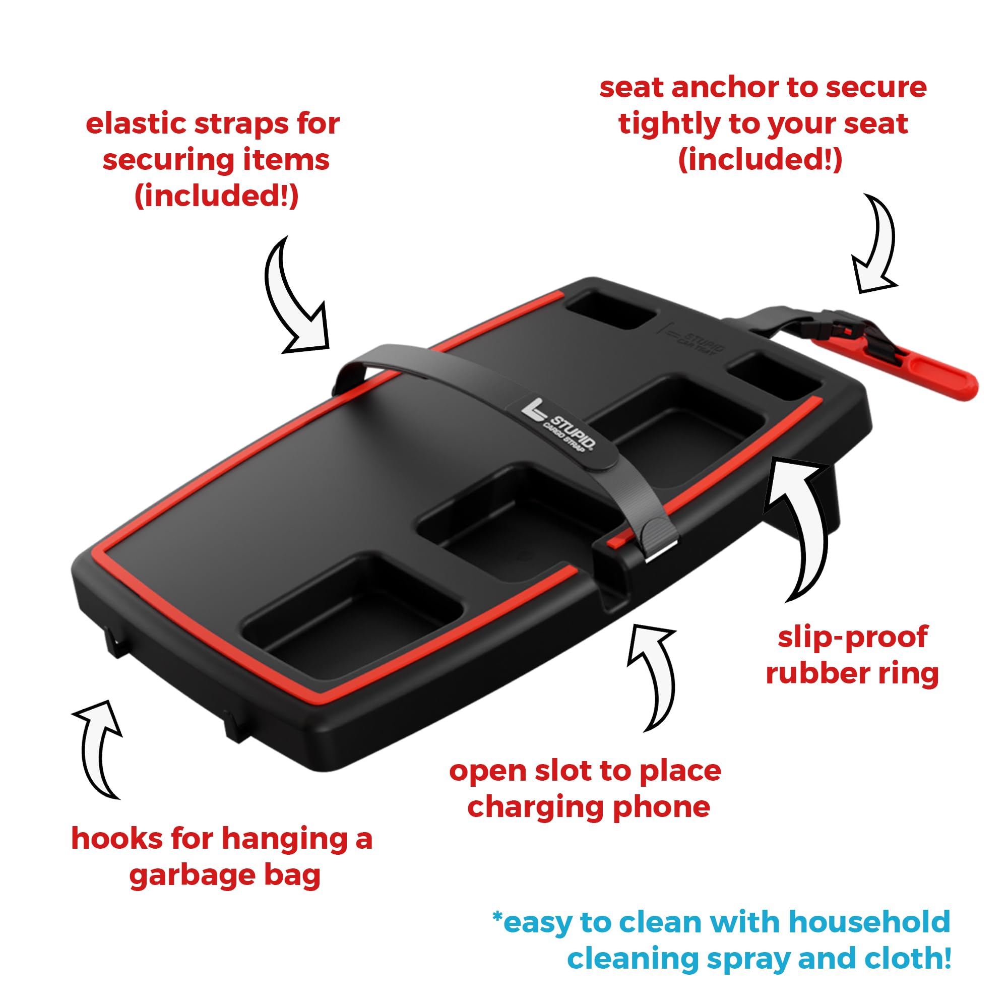 STUPID Car Tray - Premium Car Organizer with 2 Elastic Straps & Quick-Release Seat Anchor - Mobile Office Desk for Cars - Perfect for Road Trips, Food, Laptop Work & Hot Rod Accessories