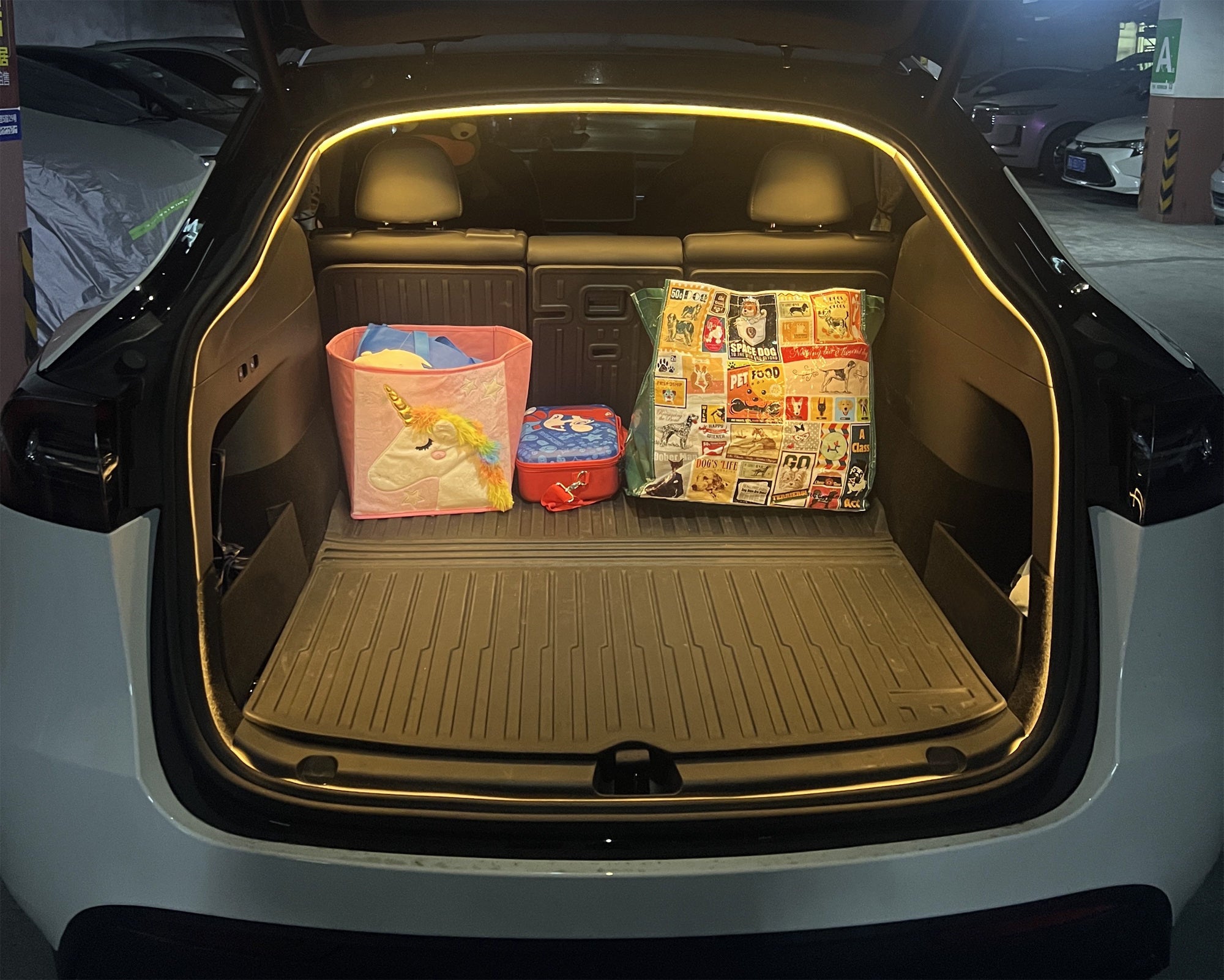 3K Warm White 360° Trunk Illumination LED Light Strip with Switch for Tesla Model Y - Perfect for Nighttime Cargo Access & Interior Ambience
