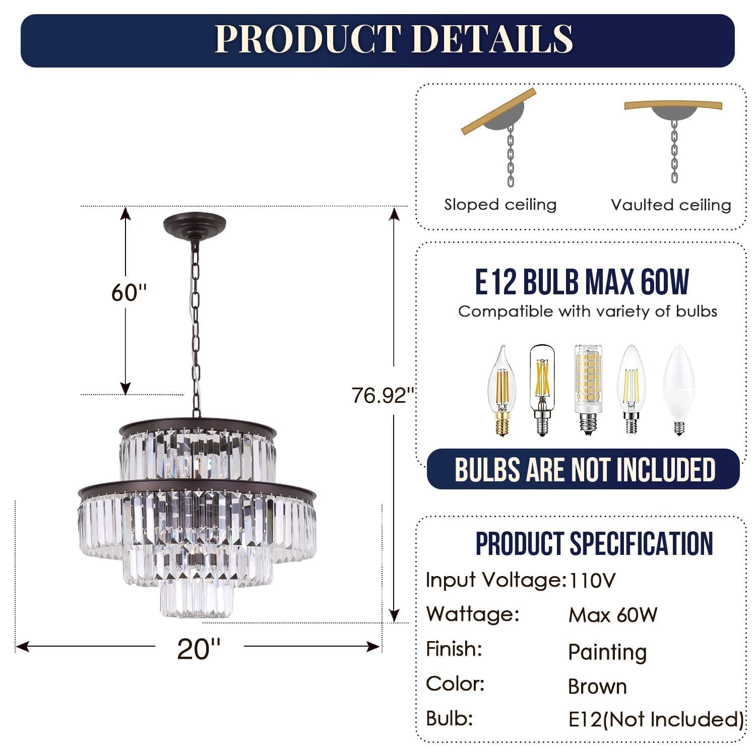 7-Light 4-Tier Brown Crystal Chandelier Pendant Light Fixture for Dining Room, Bedroom, Entryway & Living Room - Elegant Ceiling Lighting for Home Decor & Wedding Venues