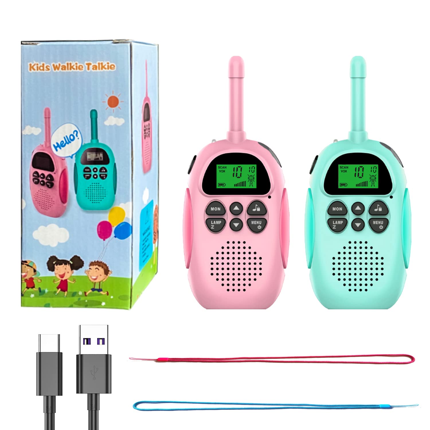 GAOMING Kids Walkie Talkies Rechargeable 1500mAh Long Range - 22 Channels 2 Way Radios with LCD Screen - Perfect for Outdoor Adventures, Camping, Halloween & Christmas Gifts (2 Pack - Light Blue & Pink)