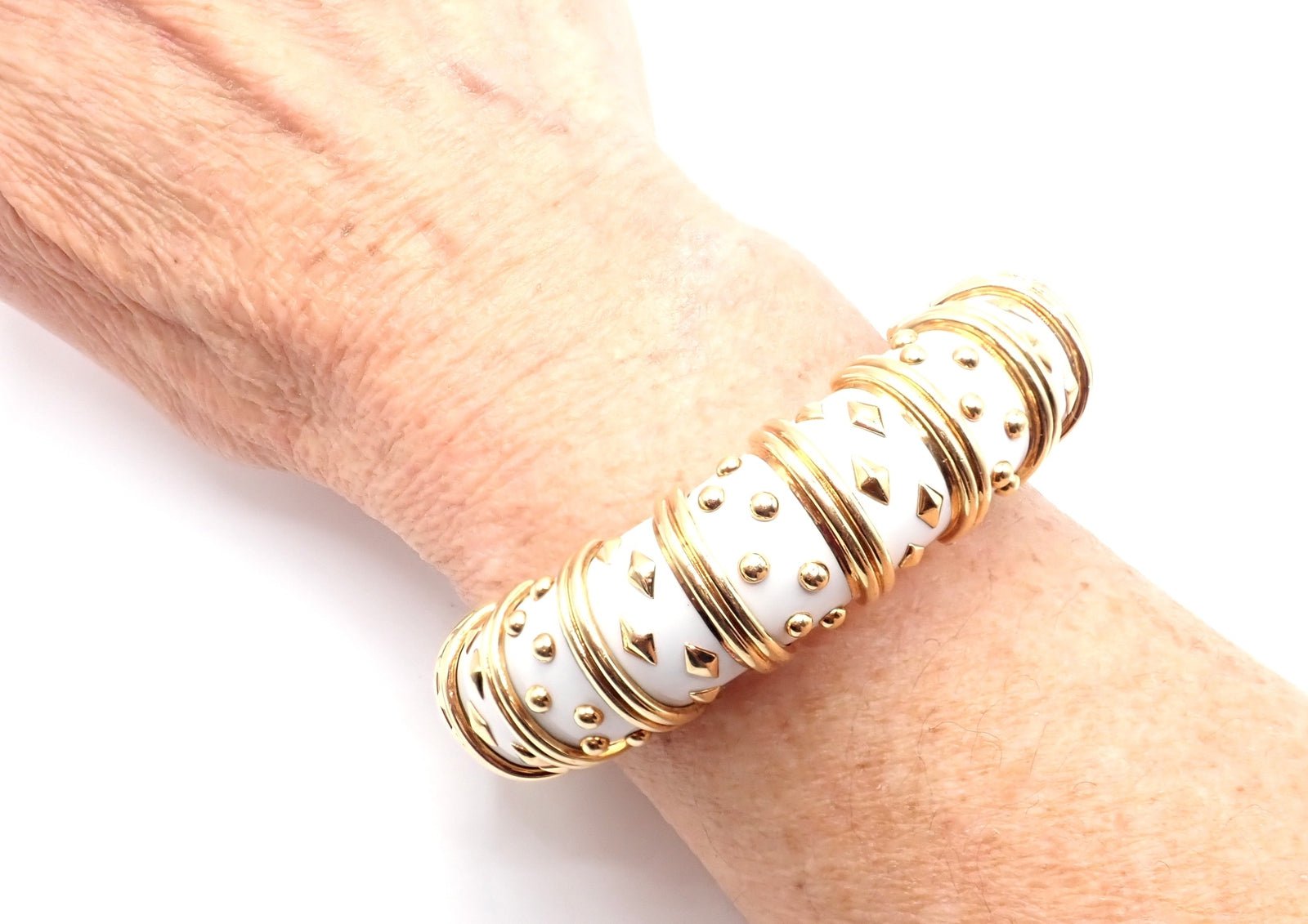Tiffany & Co Schlumberger Dot Losange 18k Yellow Gold Enamel Bangle Bracelet - Luxury Jewelry for Women, Elegant Gift for Anniversary & Special Occasions