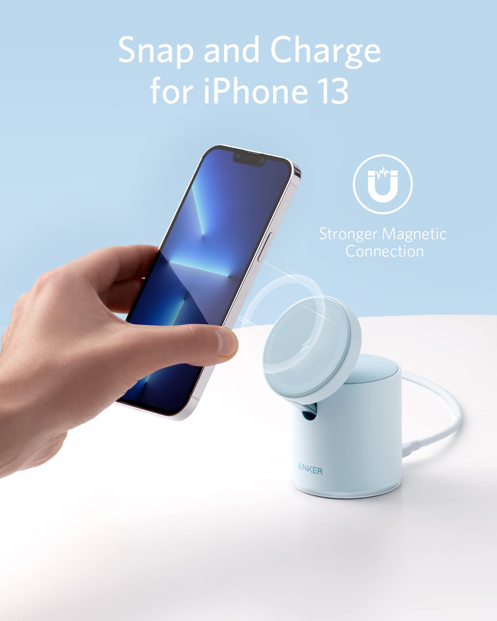 Anker 623 MagGo Magnetic Wireless Charging Station - 2-in-1 20W USB-C Fast Charger for iPhone 13/12 Series & AirPods Pro | Portable Desktop Charging Solution for Home, Office & Travel (Misty Blue)