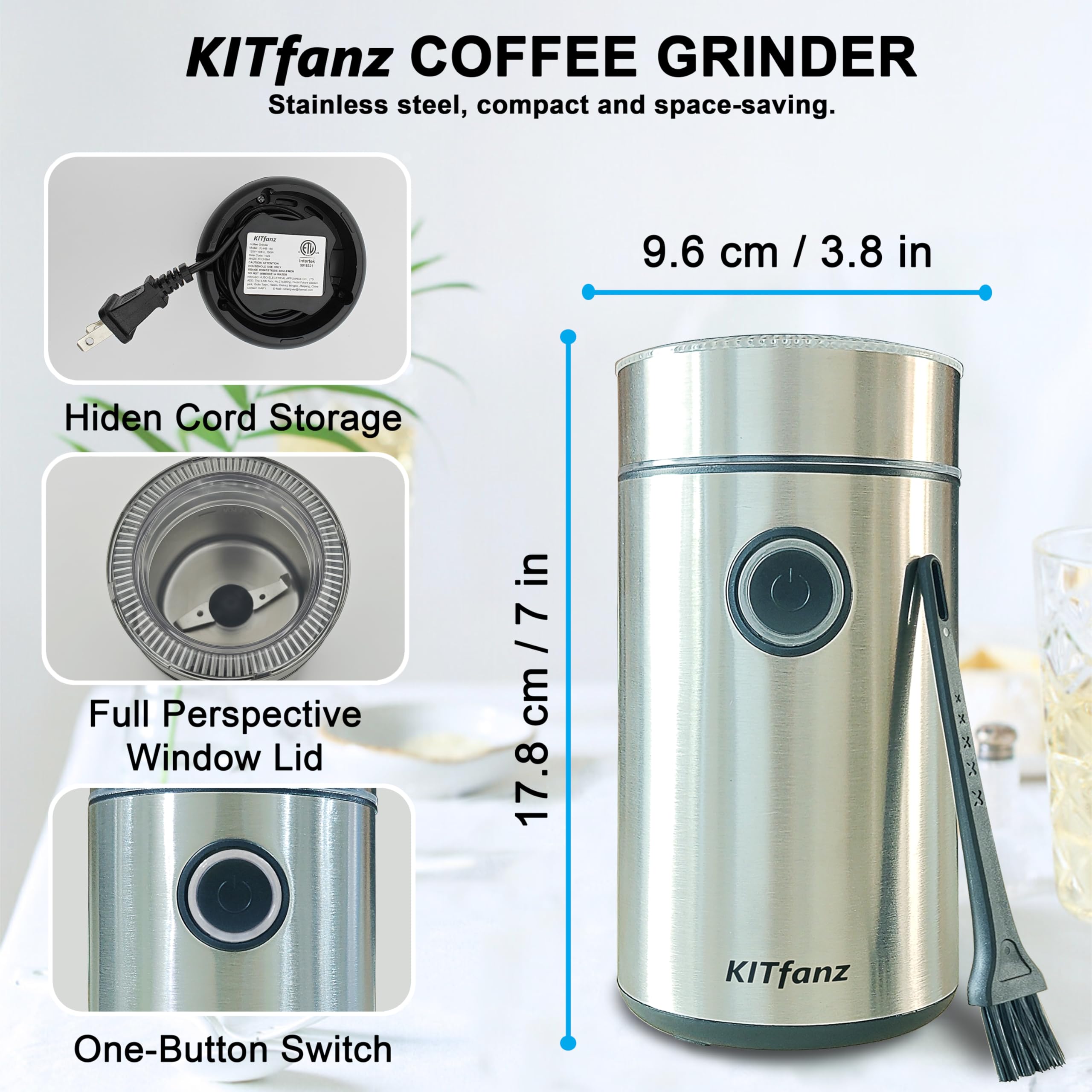 Stainless Steel Electric Coffee Grinder for Espresso, Spice & Nuts - One-Touch Operation