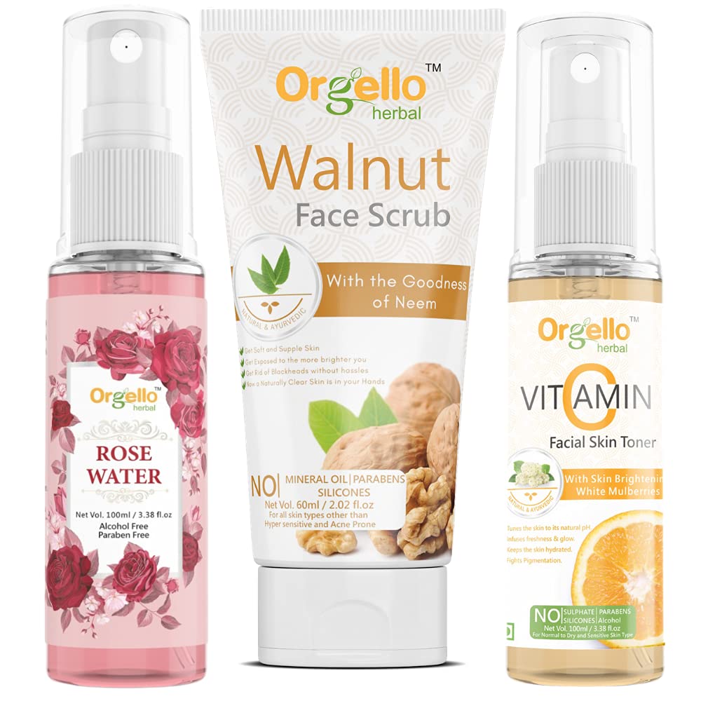 Organic Herbal Walnut Scrub 60g + Rose Water Facial Mist Toner 100ml + Vitamin C Toner 100ml - 3-Piece Skincare Set for Exfoliation, Hydration & Brightening | Perfect for Daily Face Care Routine & Spa Day at Home