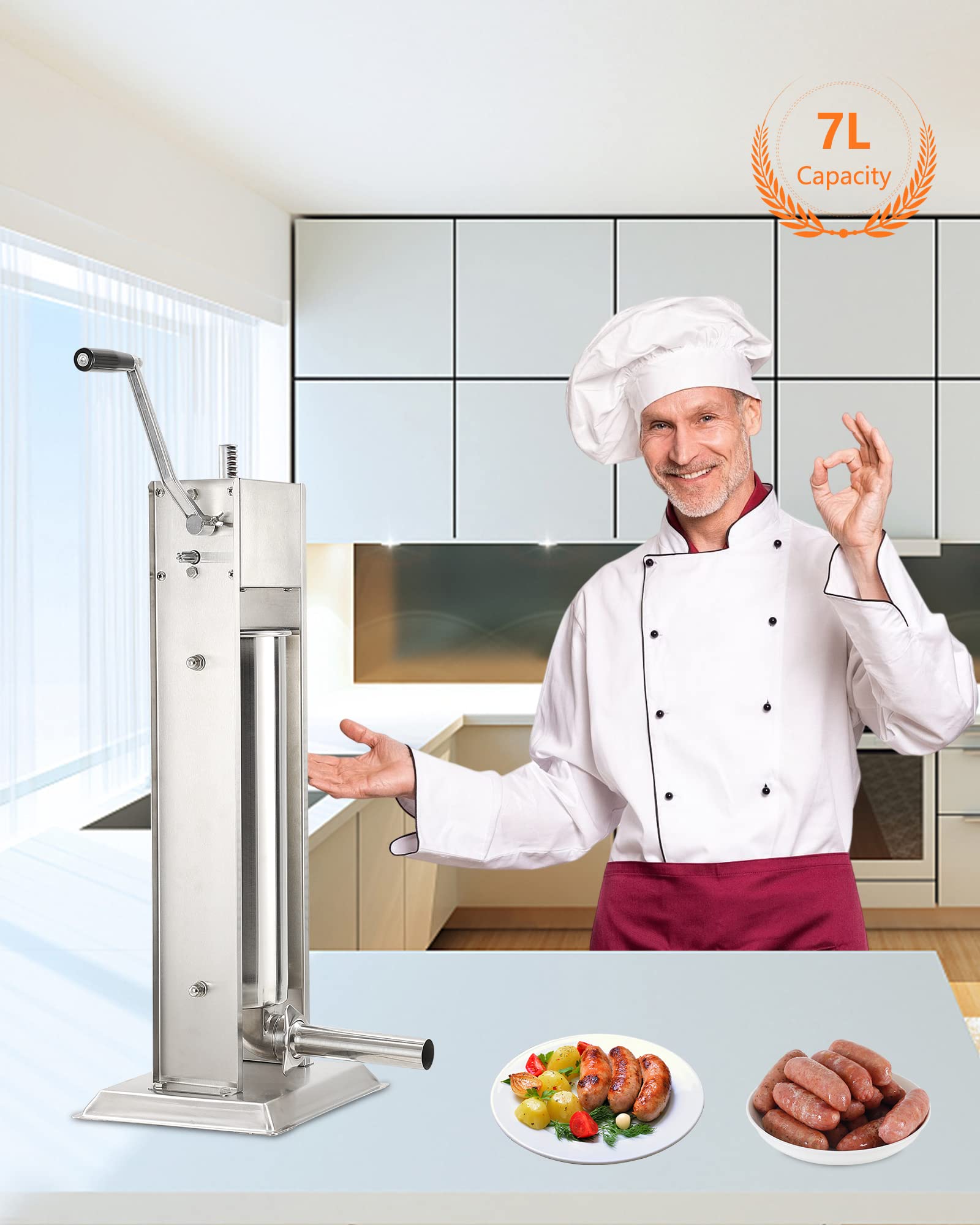 GARVEE 15LB/7L Vertical Sausage Stuffer - 2-Speed Stainless Steel Sausage Maker with 4 Stuffing Tubes for Home Kitchen, Deli & Commercial Use | Perfect for Making Italian Sausage, Bratwurst, Chorizo & More