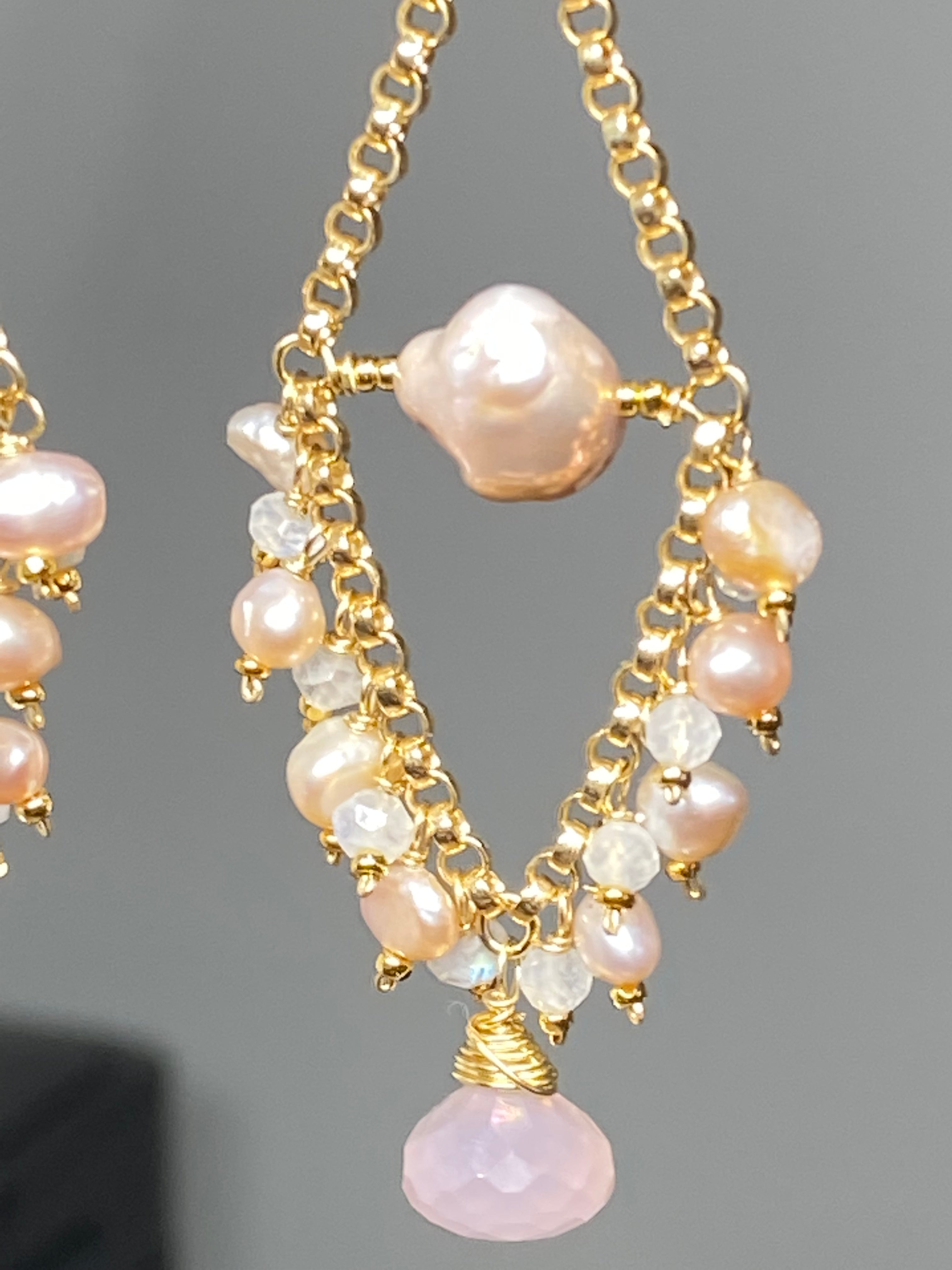 Elegant Pink Pearl & Moonstone Chandelier Earrings for Women | Vintage Boho Wedding Jewelry | Perfect for Bridal, Party & Evening Occasions