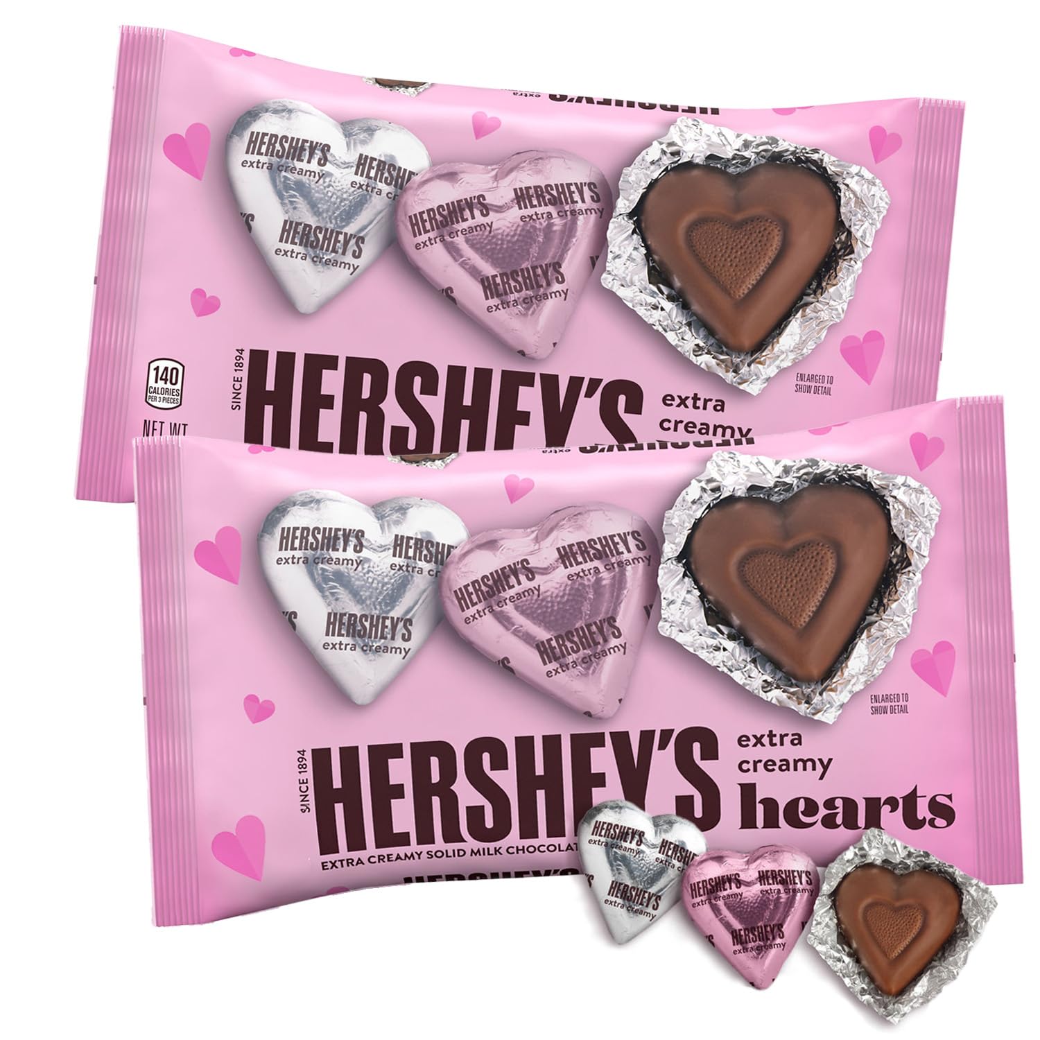 Hershey's Milk Chocolate Hearts Valentine's Candy - 2 Pack (42 Pieces) Individually Wrapped Heart-Shaped Extra Creamy Solid Milk Chocolates for Valentine's Day Gifts, Party Favors, Wedding Favors, Candy Buffet, Snacks & Desserts - Perfect for Romantic Gifts, Anniversary Celebrations and Sweet Treats
