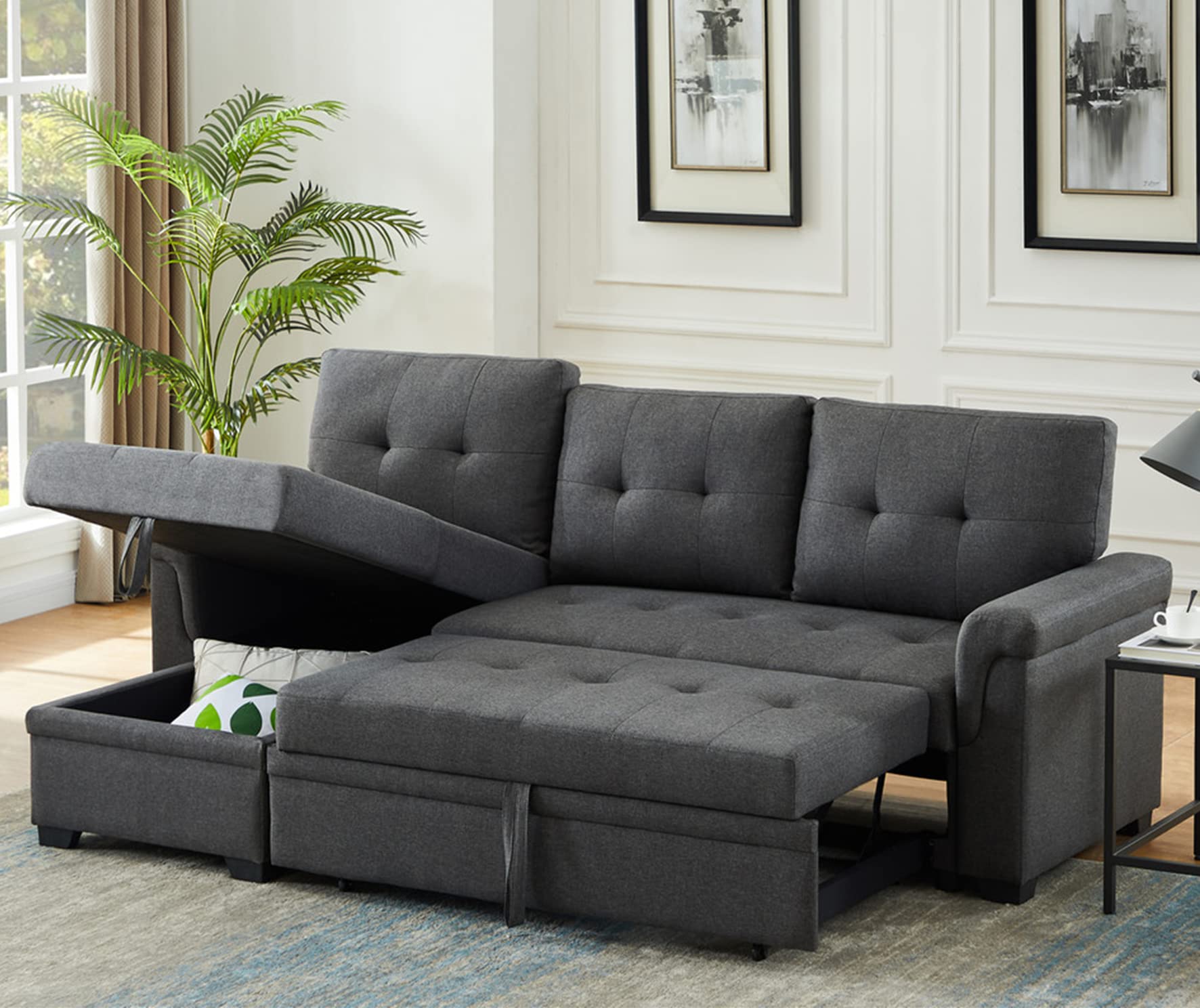 EMKK Reversible Pull Out Sleeper Sofa Bed - Convertible L-Shaped Sectional Couch with Storage, Left/Right Chaise - Black 83