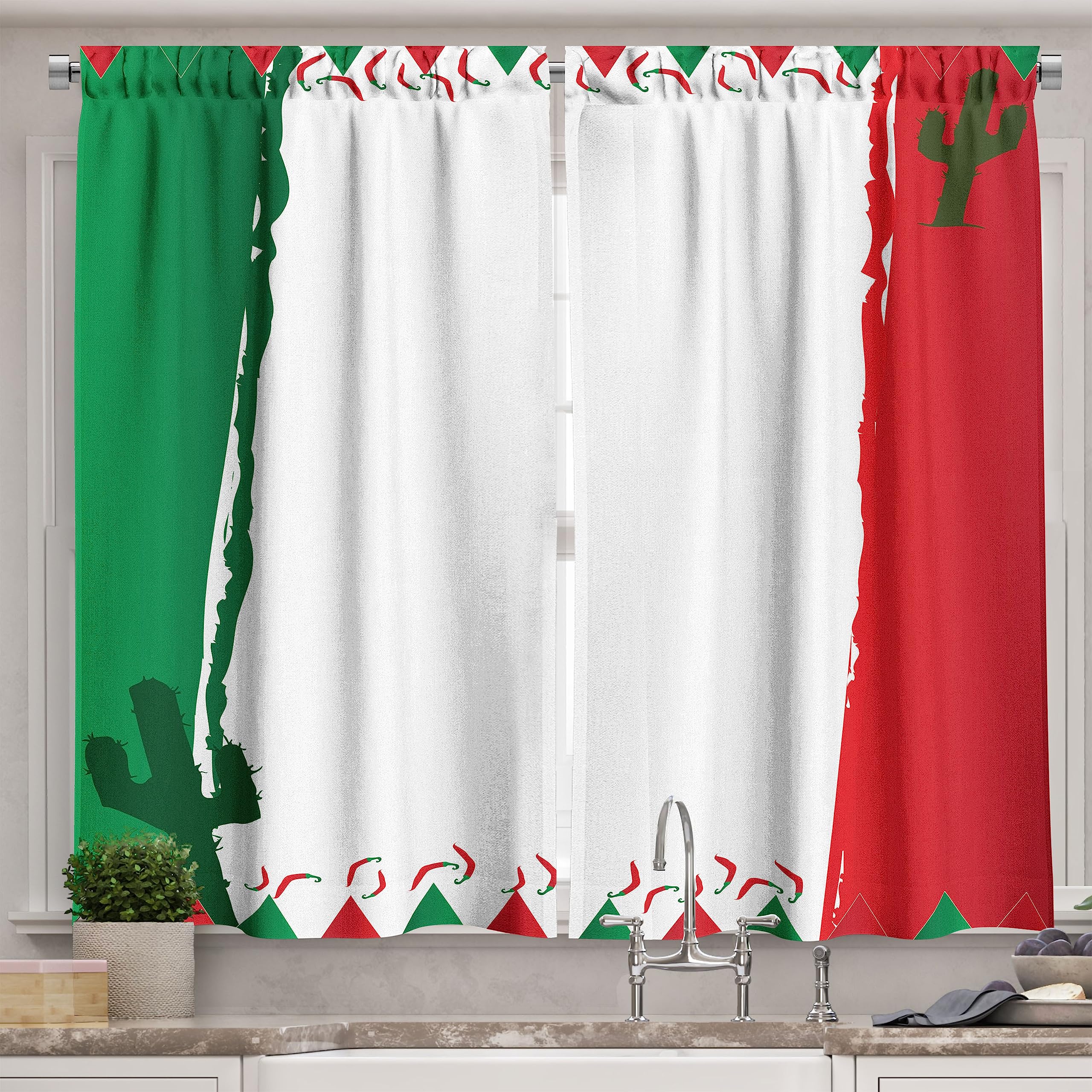 Ambesonne Mexican Kitchen Curtains - Hispanic Themed Long Drapes with Cactus & Pepper Design in Flag Colors, 2 Panels, Rod Pocket, 55