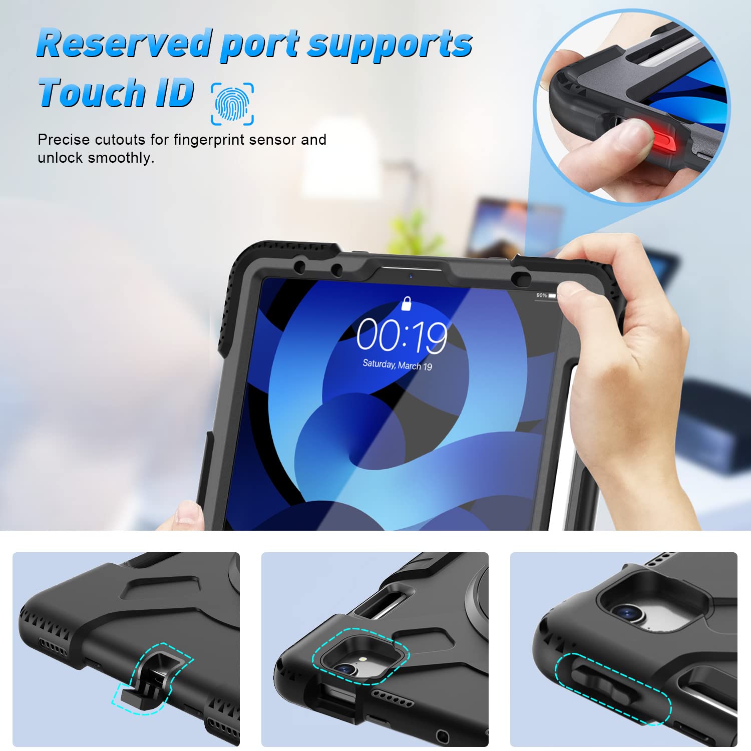 SUPFIVES Military Grade Protective Case for iPad Air 5th Generation 10.9 Inch (2022) & iPad Air 4th Gen/iPad Pro 11 - Shockproof Silicone Cover with Pencil Holder, Rotating Stand, Handle & Shoulder Strap (Black) - Perfect for Travel, Work & School Use