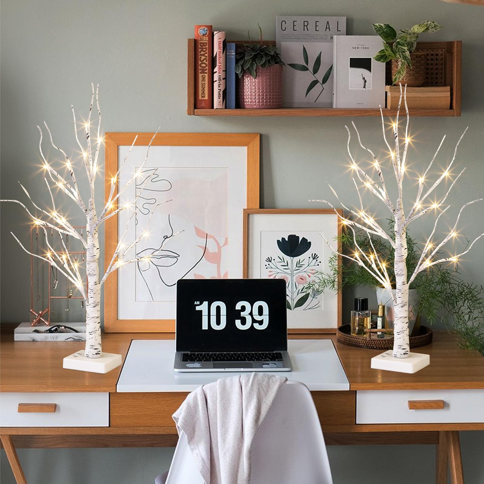 Vanthylit White Birch Tree with LED Lights - Set of 2, 24 LED Tabletop Christmas Tree with Timer, Indoor Holiday Decor for Mantel, Living Room, Office, and Party Decorations (2 FT) - Perfect for Festive Home Decor, Winter Weddings, and Cozy Seasonal Ambiance