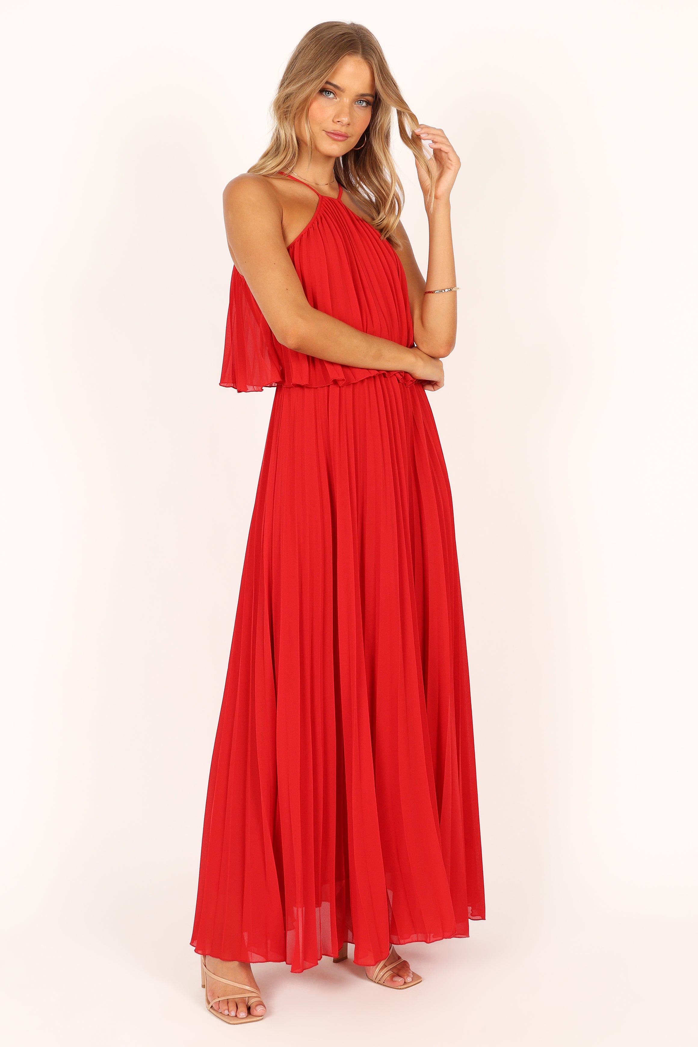 Gia Pleated Halterneck Maxi Dress - Red Flowy Summer Dress for Women, Beach Wedding Guest Outfit & Vacation Party Wear