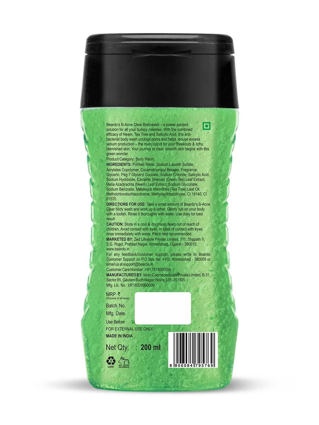 Beardo Body Acne Clear Body Wash for Men 200ml - Neem, Tea Tree & Salicylic Acid Formula for Clean Skin | Treats Body Acne & Purifies Skin | B-acne Solution | Perfect for Gym, Travel & Daily Shower Routine