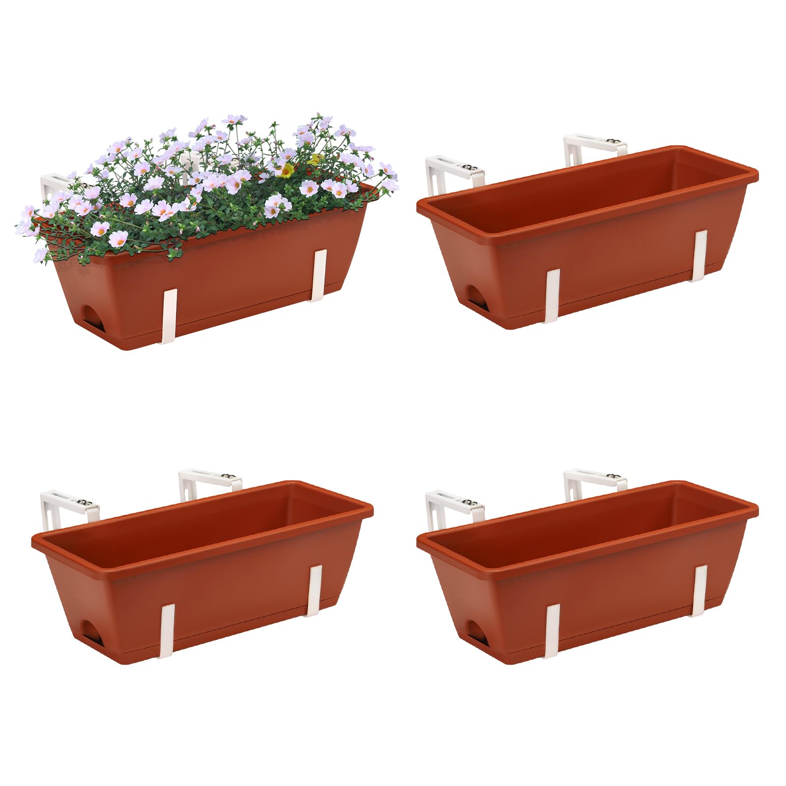 4 Pack 17 Inch Railing Planter Boxes - Deck Hanging Planters for Balcony Railings (Red & White) | Perfect for Outdoor Gardens, Patios, and Apartment Balconies