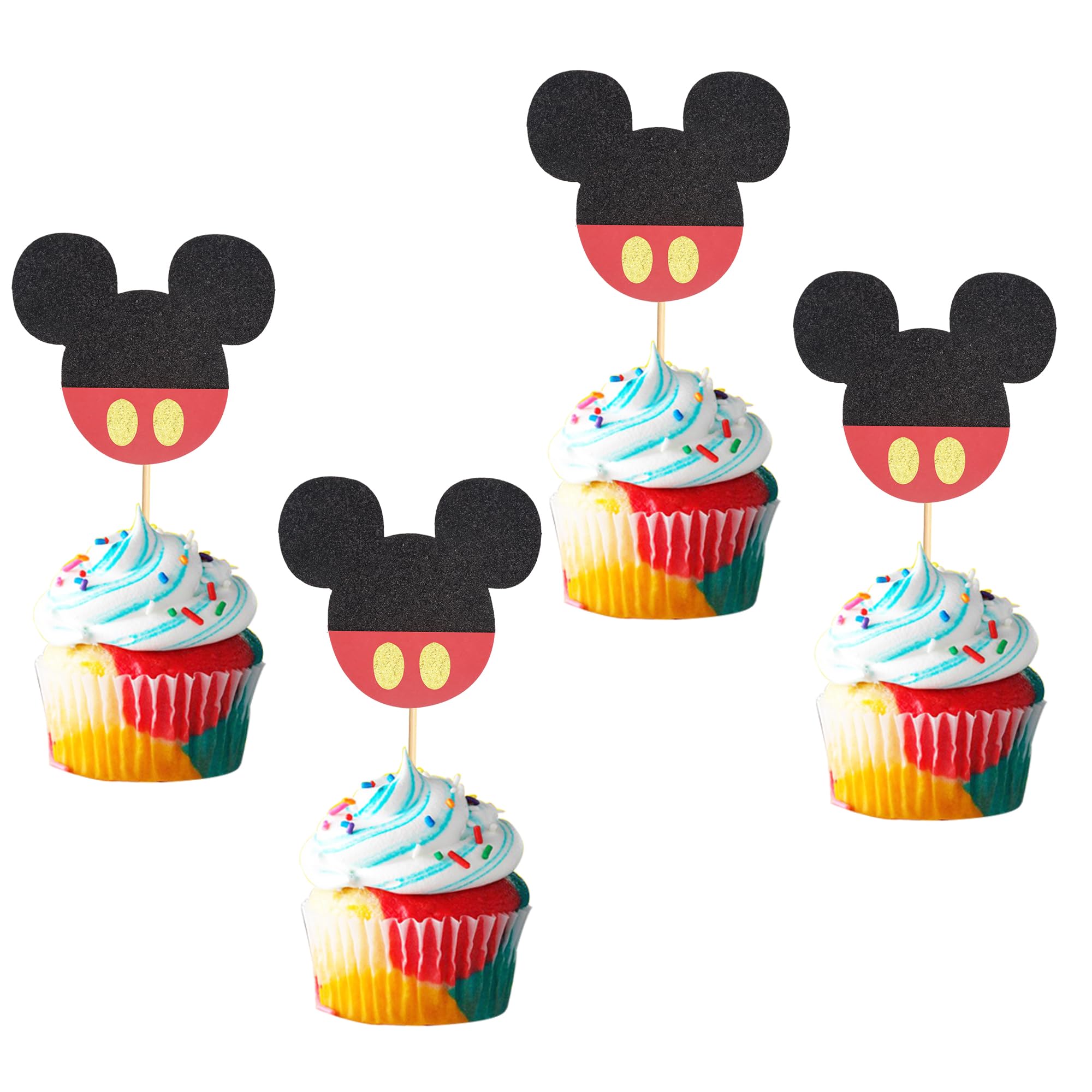 24Pcs Mouse-Inspired Cupcake Toppers with Bow - Black Red Glitter Mouse Cake Decorations for Baby Showers, Weddings & Kids Birthday Parties - Perfect for Themed Desserts, DIY Baking & Party Supplies