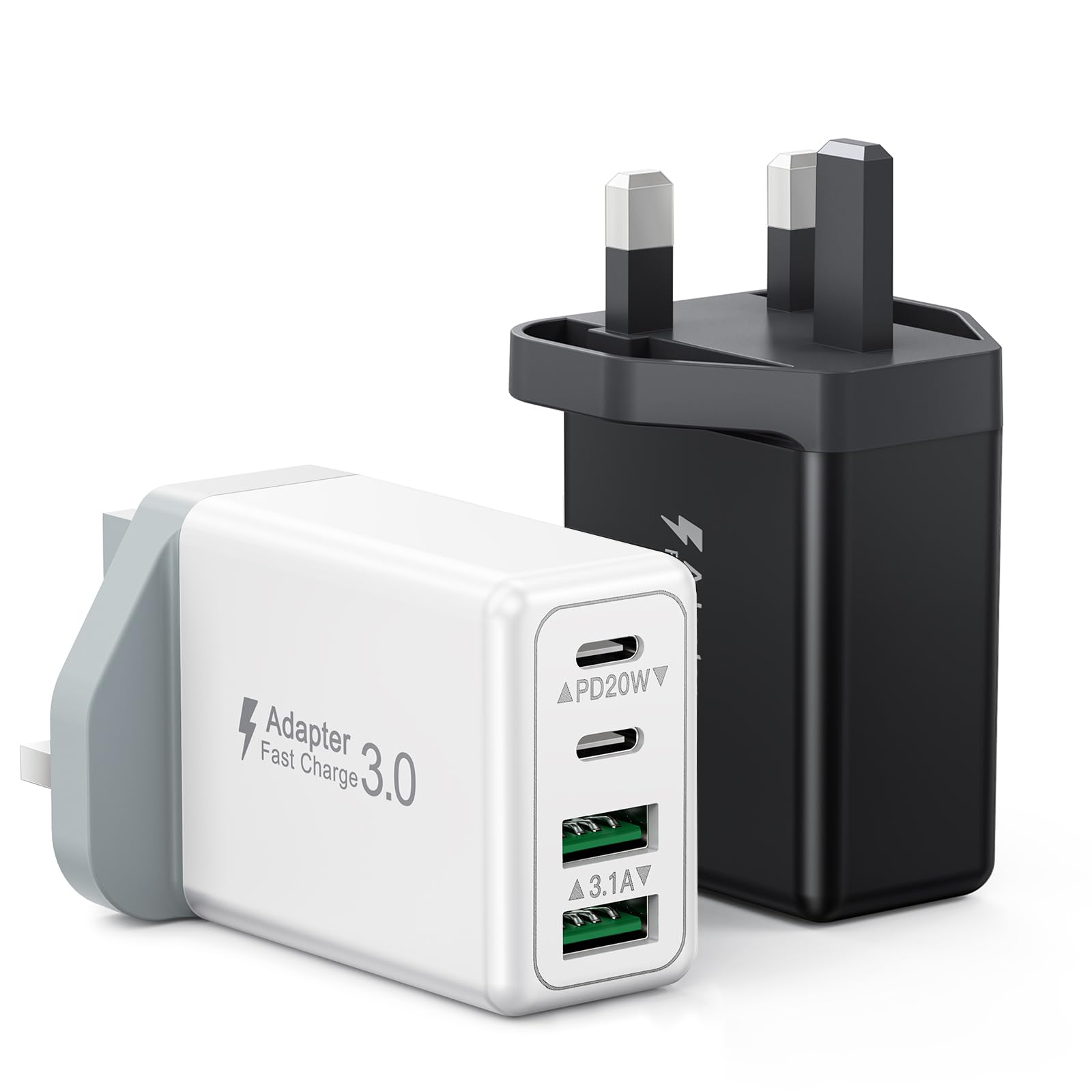 40W 4-Port USB C Fast Charger with PD & USB A - 2 Pack UK Wall Plug for iPhone 15/14/13/12/11 Pro Max/SE/XS/XR/8, iPad, Samsung Galaxy - Rapid Charging for Home, Office & Travel