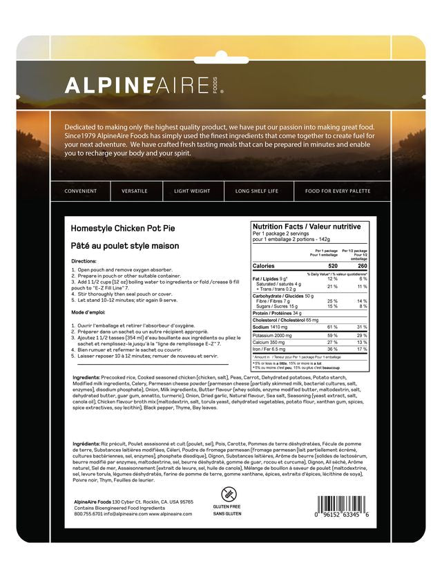 AlpineAire Homestyle Chicken Pot Pie - Freeze Dried Camping Food, Backpacking Meal, Emergency Survival Food - Perfect for Hiking, Outdoor Adventures & Emergency Preparedness