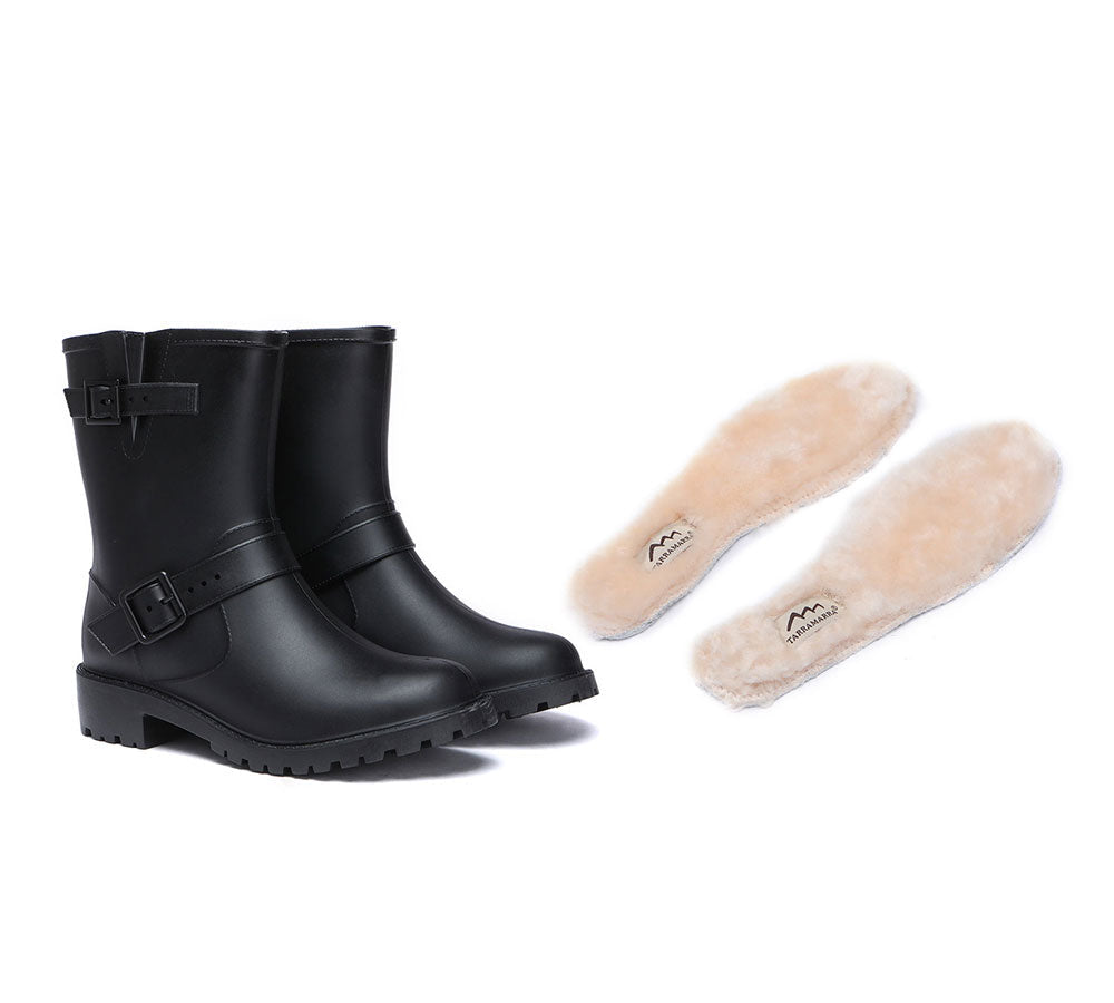 TARRAMARRA® Women's Waterproof Rain Boots with Wool Insoles - Mid Calf Black Rubber Gumboots for Rainy Days, Gardening & Outdoor Activities
