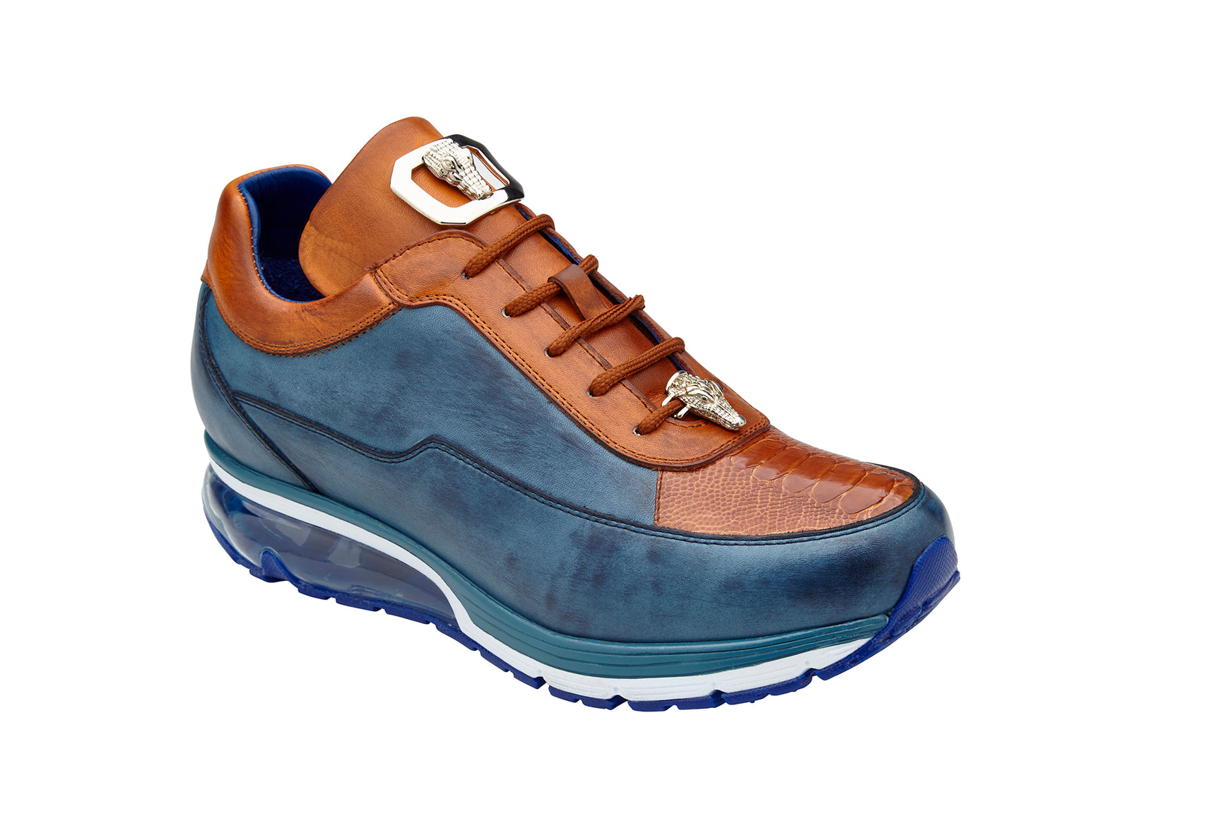 Belvedere Genuine Ostrich & Italian Calf Leather Sneakers - Antique Blue Safari/Antique Almond (E01) - Stylish Comfort for Casual Outings & Travel