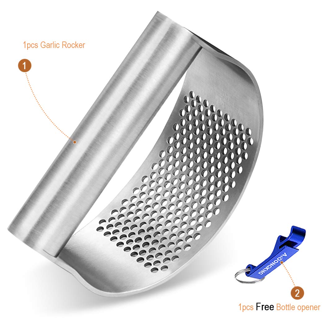 Premium Stainless Steel Garlic Press Rocker - Heavy Duty Garlic Crusher & Mincer with Built-in Bottle Opener - Ideal for Cooking, Meal Prep & Kitchen Essentials (Random Color)