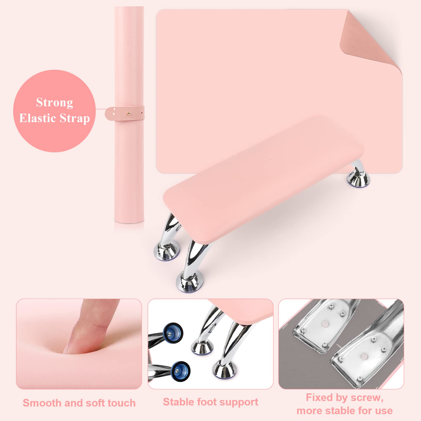 Professional Acrylic Nail Arm Rest with Microfiber Leather Cushion & Nail Table Mat - Soft Foldable Hand Pillow Footstool for Nail Technicians & DIY Manicures - Perfect for Salon, Home Nail Art & Gel Polish Application (Pink)
