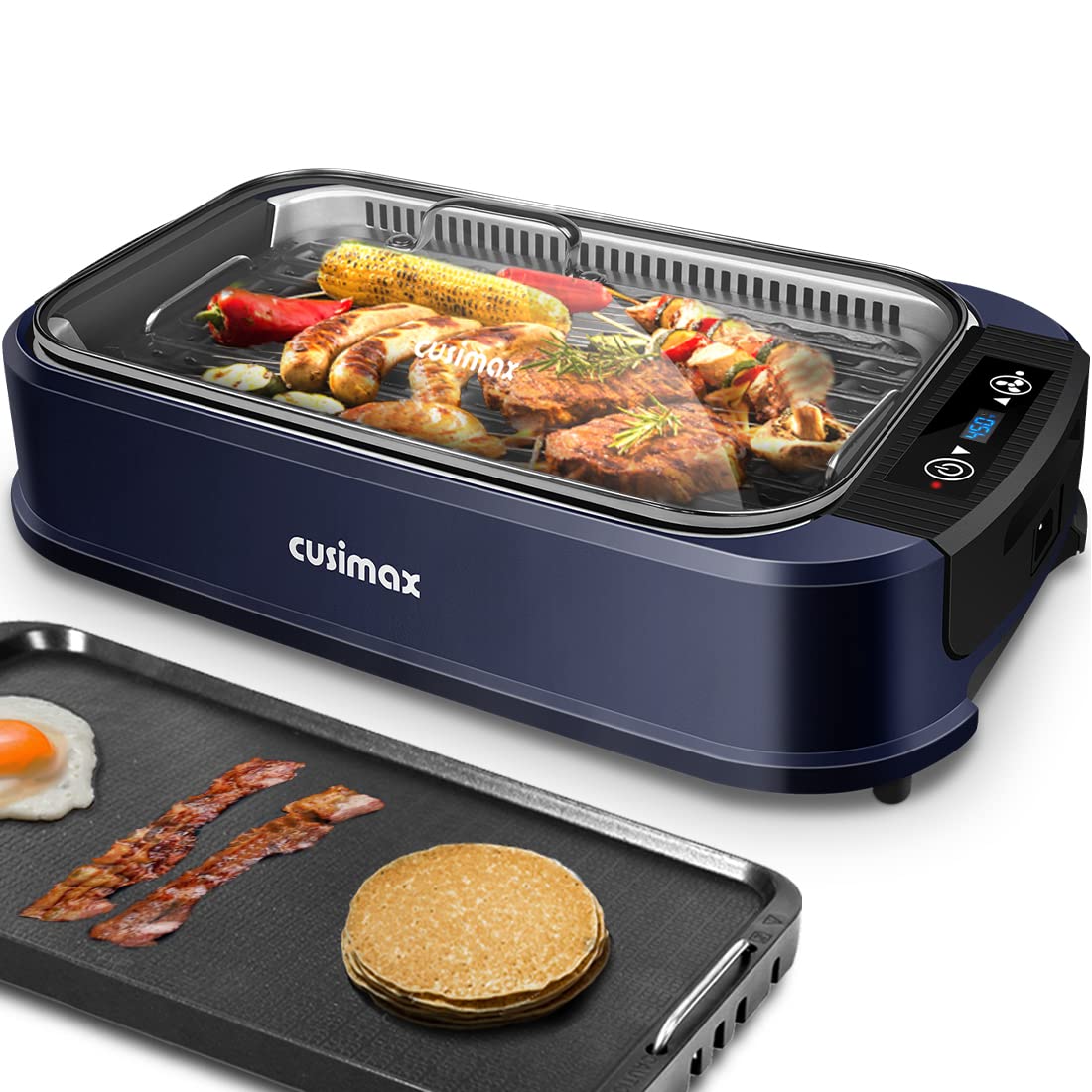 CUSIMAX 1500W Electric Smokeless Indoor Grill with Tempered Glass Lid - Nonstick Flat Top Griddle & Pancake Maker, Dishwasher Safe, Blue - Perfect for Healthy Cooking, Breakfast, Burgers & Family BBQs