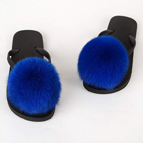 DAYISS Women's Real Fox Fur Ball Slides - Fluffy Flip Flop Slippers & Fuzzy Sandals for Women | Cozy House Shoes for Lounge, Spa, and Indoor Comfort