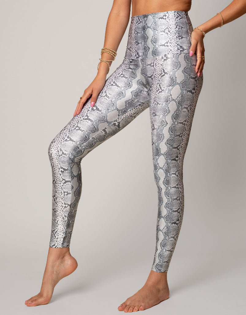 Women's High Waist White Python Print Leggings - Stretchy Yoga Pants for Workout, Gym & Fashion