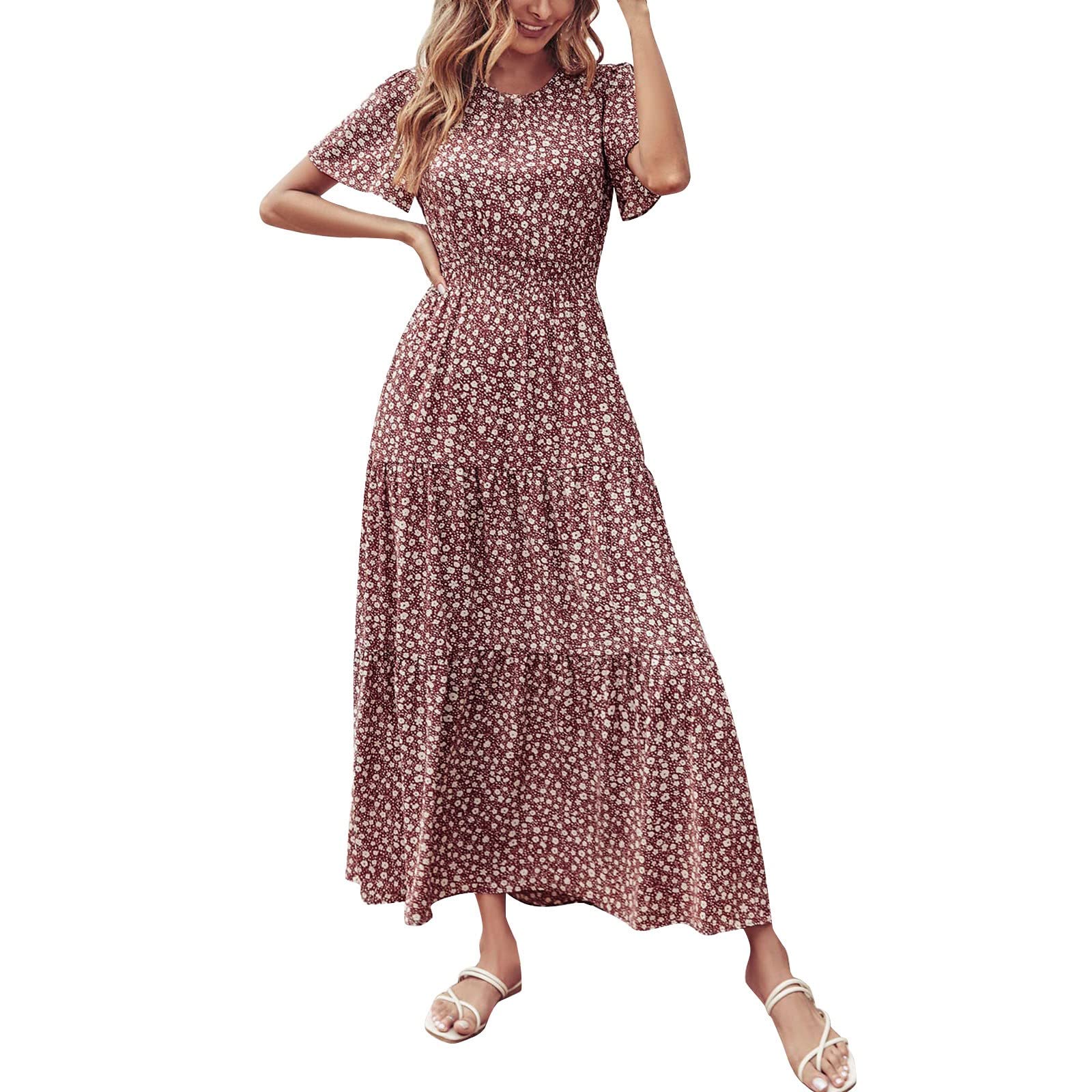 Women's Short Sleeve Crew Neck Smocked Waist Tiered Maxi Dress - Boho Floral Summer Sun Dress for Beach, Vacation & Casual Outings