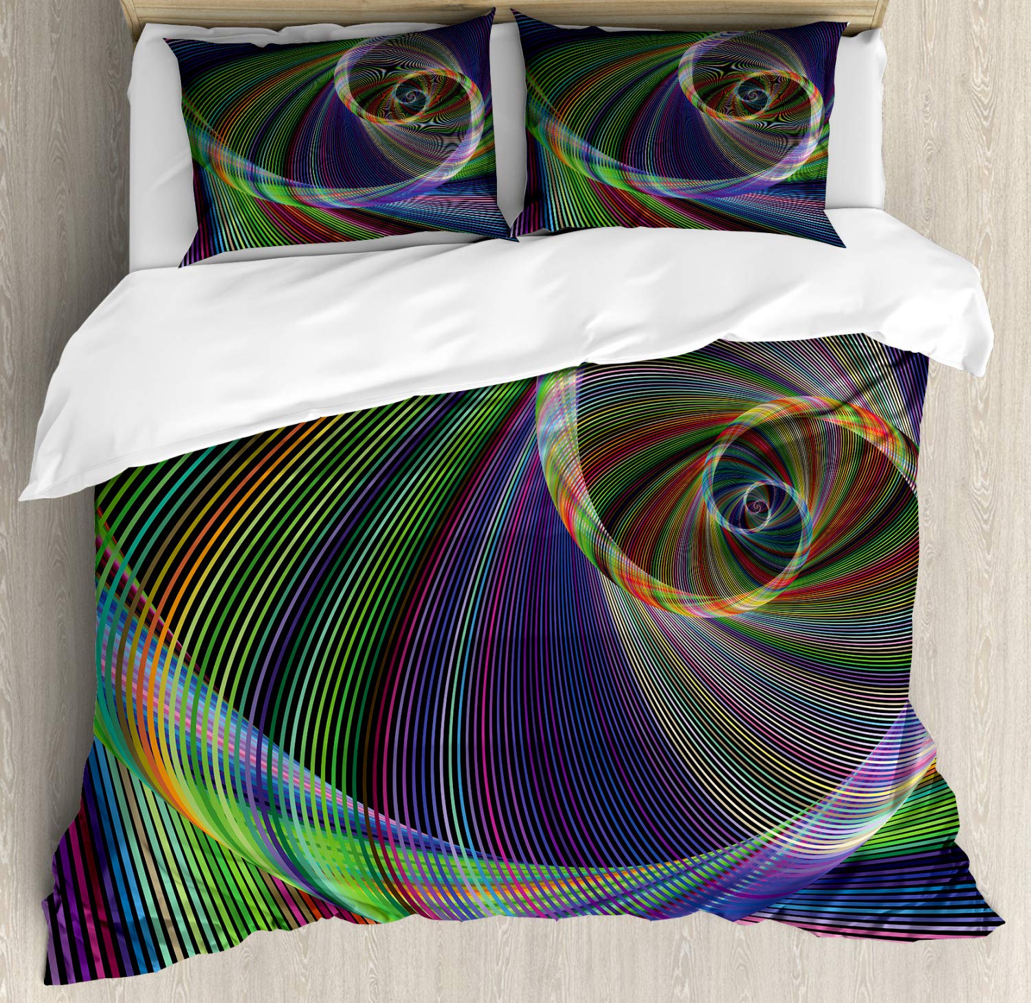 Ambesonne Fractal Duvet Cover Set - King Size 3-Piece Bedding with 2 Pillow Shams | Modern Geometric Swirl Design in Green & Purple | Energy Motion Digital Print | Perfect for Contemporary Bedrooms & Guest Rooms