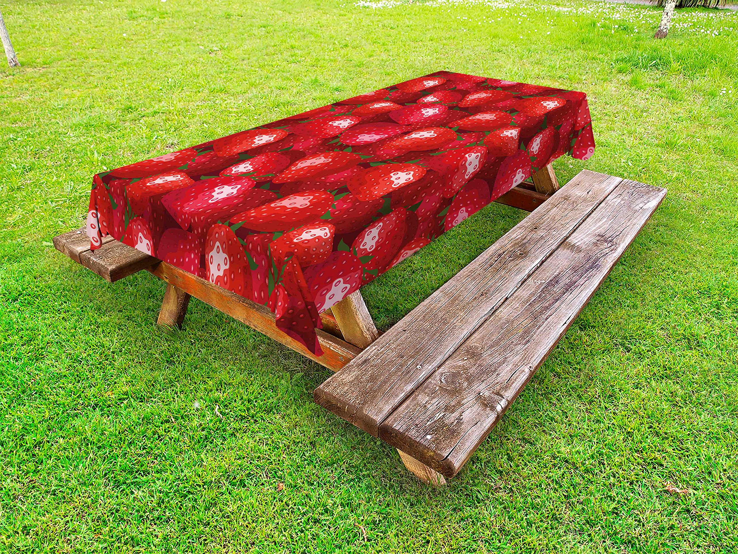 Ambesonne Summer Outdoor Tablecloth - Strawberry Fruit Pattern, Vibrant Juicy Design, Washable Picnic Table Cover 58x104 Inches, Jade Green & Red - Perfect for BBQs, Garden Parties & Outdoor Dining