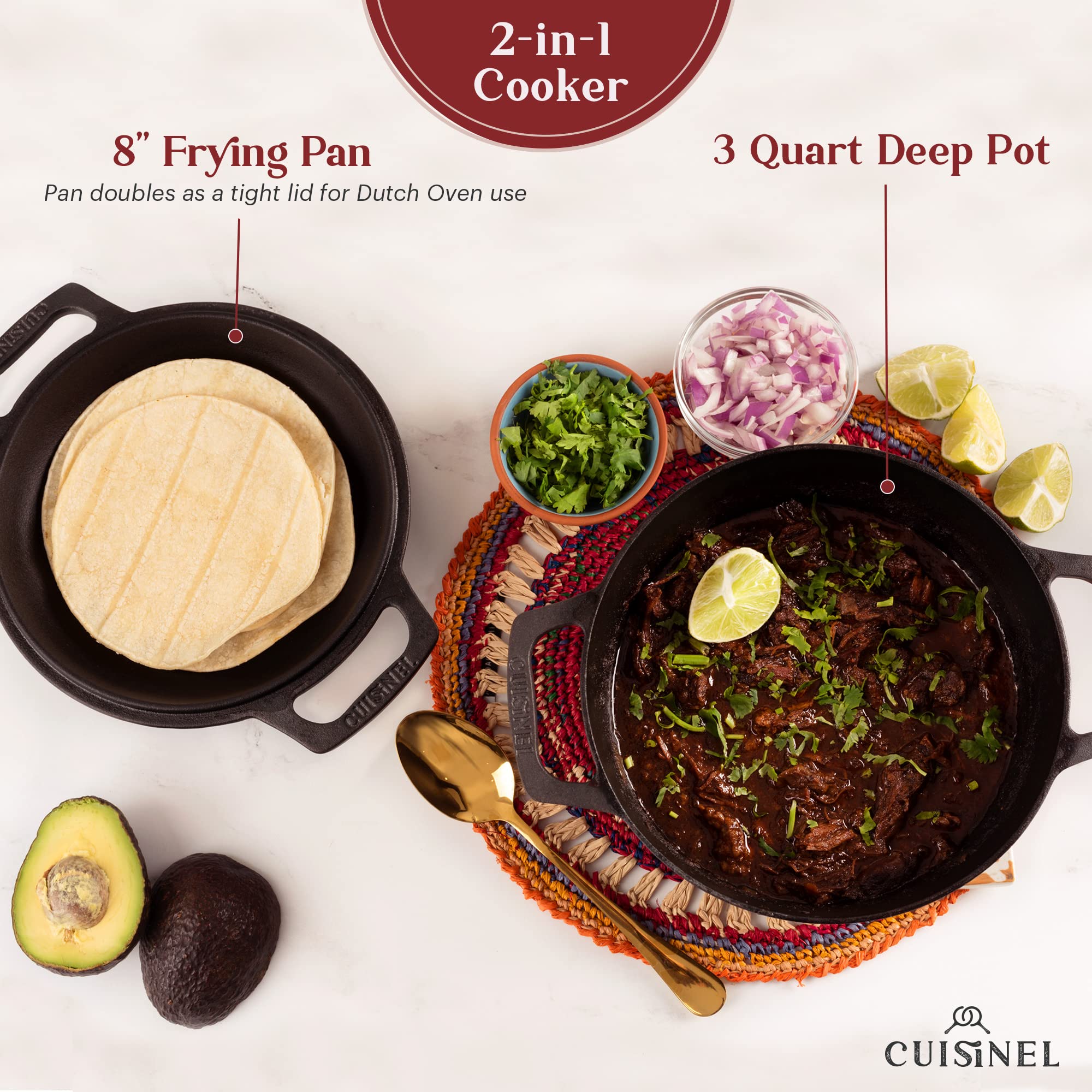 Cuisinel 3-Quart Cast Iron Dutch Oven & Skillet Combo - Pre-Seasoned 2-in-1 Multi-Cooker with 8