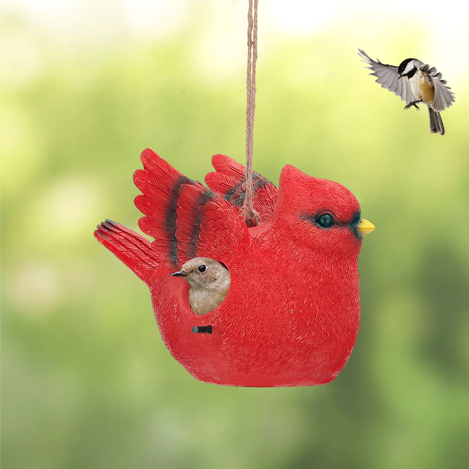 Handcrafted Cardinal Resin Hanging Bird House for Outside - Attracts Hummingbirds, Bluebirds & Wrens - Durable Outdoor Birdhouse for Garden, Patio & Camping Use