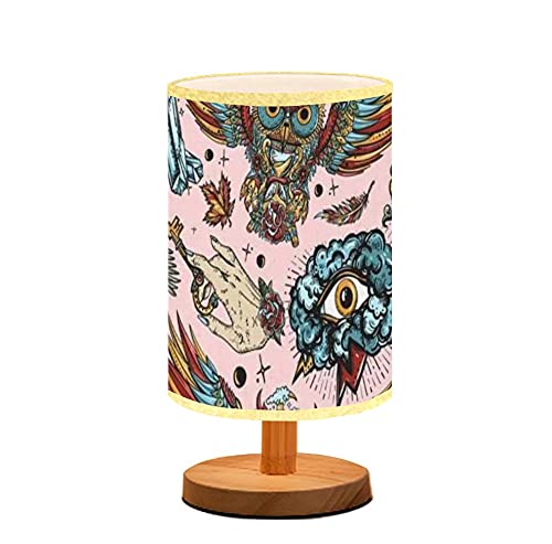 Minimalist Gothic Owl Nightstand Lamp with Wood Base & Linen Shade - Sacred Alchemy & All-Seeing Eye Design - Small Table Lamp for Bedroom, Office, Meditation Room - Perfect Gift for Home Decor & Spiritual Spaces