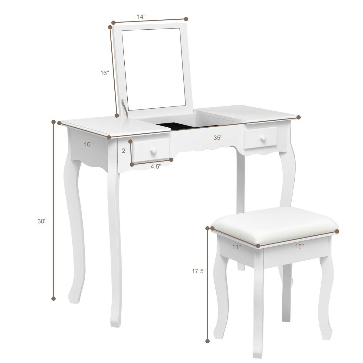 Dual Purpose Vanity Set with Mirror & Stool - MDF Makeup Desk for Daily Use