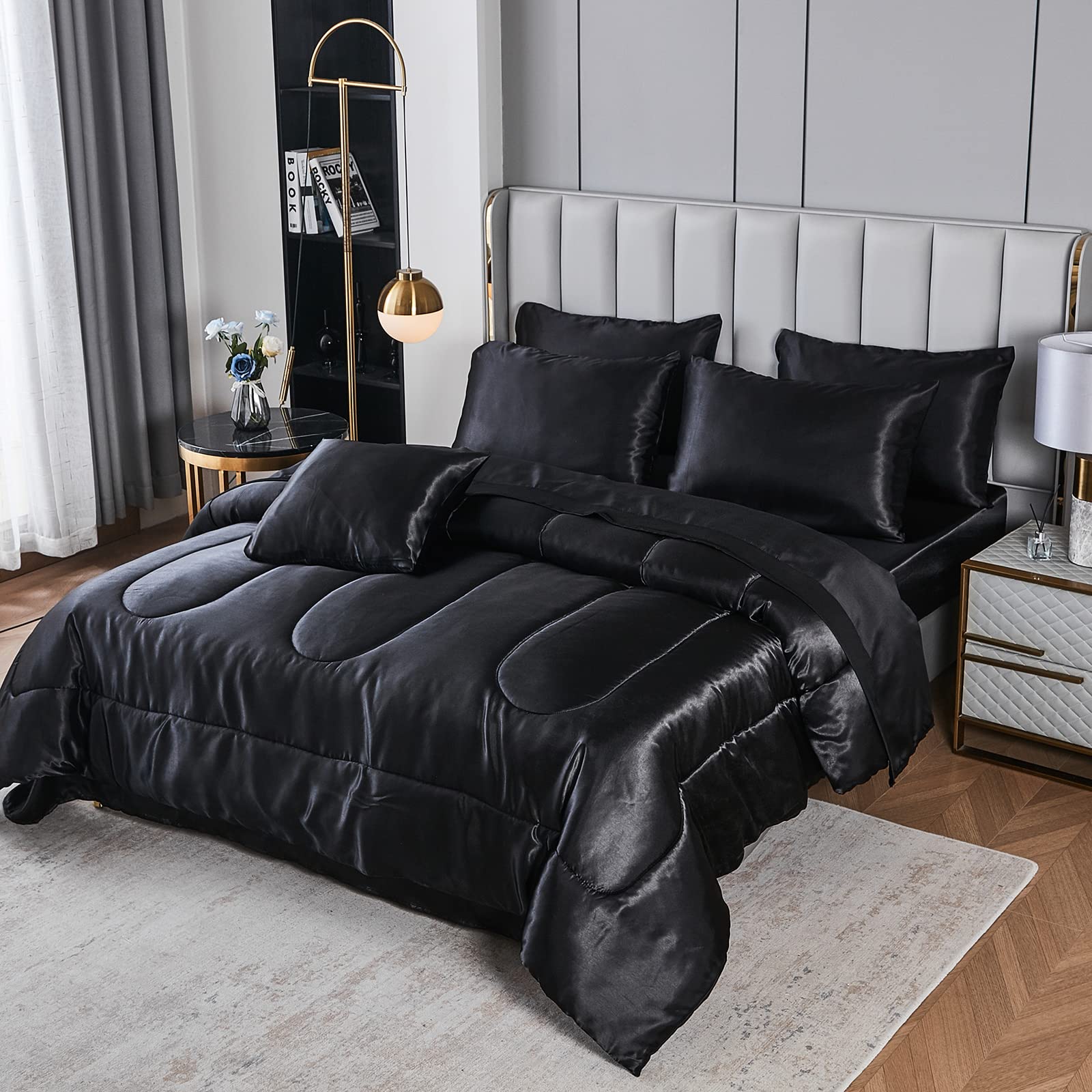 Luxury Satin Comforter Set - Black King Size Down Alternative Bedding | Silk-Like Softness | 1 Comforter + 2 Pillowcases | Perfect for Master Bedroom & Guest Room Decor