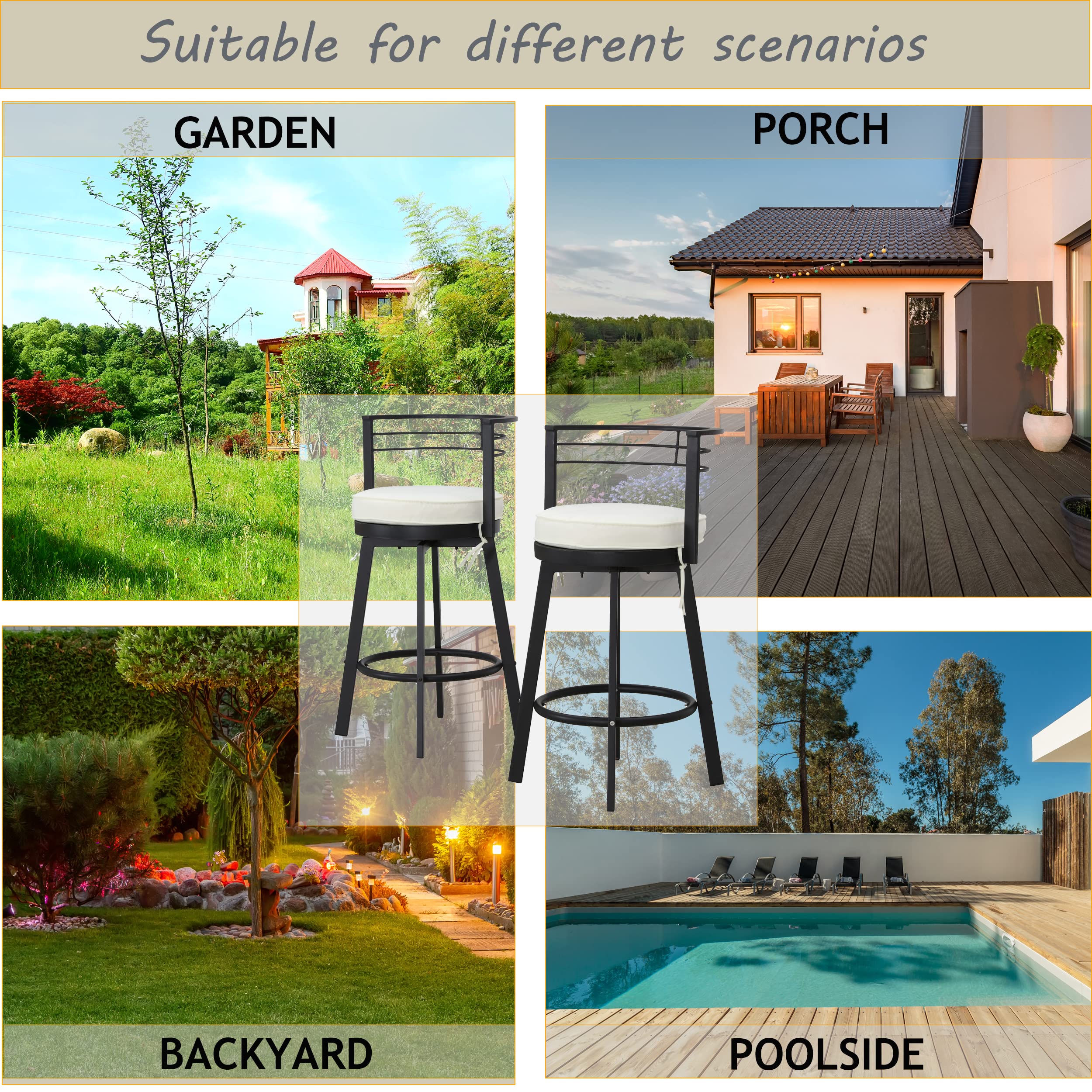 LOKATSE HOME 2-Piece Outdoor Swivel Bar Stools Set - Armless Bistro Chairs with Cushions, Patio Height Metal Barstools for Backyard, Deck, Garden & Poolside - Weather-Resistant Outdoor Furniture