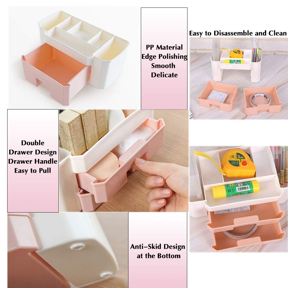 Stackable Makeup Organizer with Drawers - Pink Cosmetic Brush Storage Box for Vanity, Bathroom & Desk | Space-Saving Beauty Organizer | Perfect Gift for Women | Ideal for Travel, Home & Salon Use