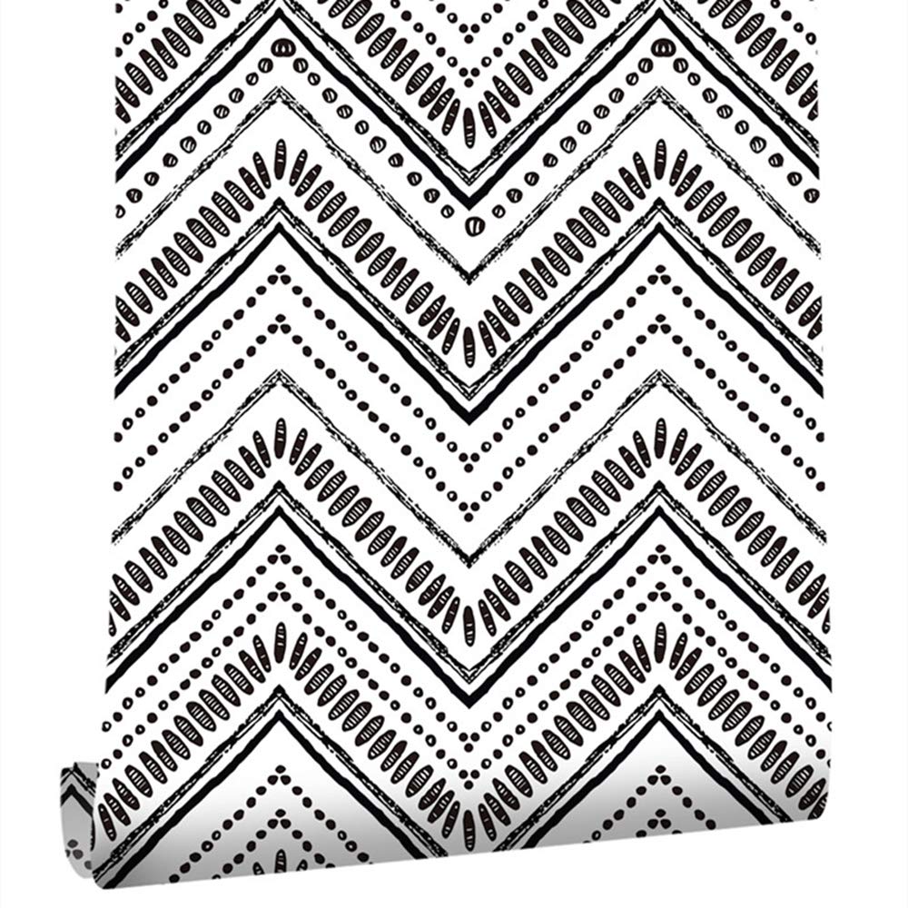 Self-Adhesive Black and White Geometric Vinyl Shelf Paper - Peel and Stick Wallpaper for Kitchen Cabinets, Dresser Drawers & Backsplash Walls (17.7x117 Inches) - Easy DIY Home Decor Upgrade for Modern Farmhouse or Scandinavian Style