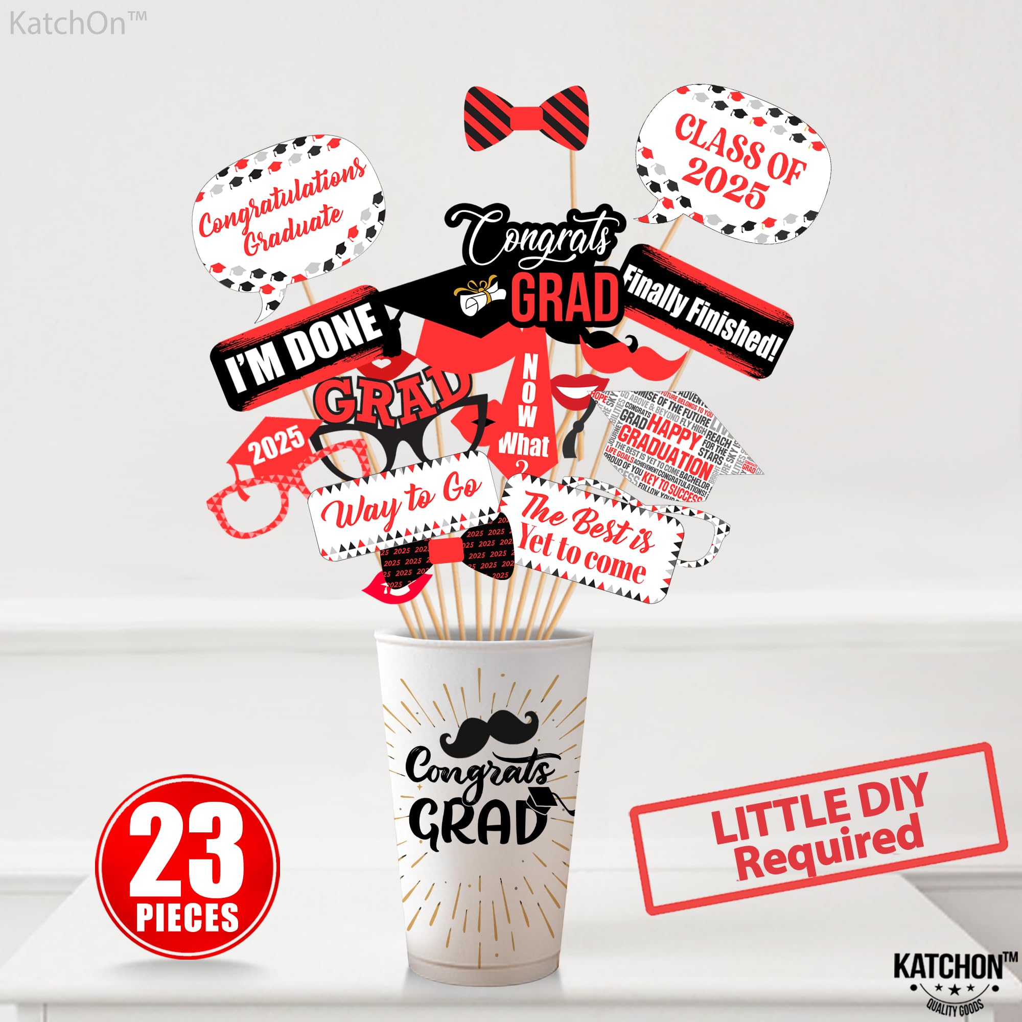 KatchOn Red Graduation Photo Booth Props 2025 - 23-Piece Set | Red & Black Graduation Decor for Class of 2025 | Perfect for Graduation Parties, Photo Booths & School Events
