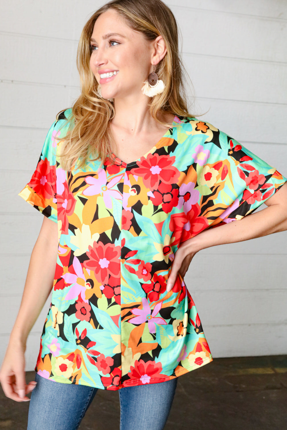 Stylish Multicolor Tropical Floral Print V-Neck Drop Shoulder Blouse for Women | Summer Beach Vacation & Boho Outfit Essential