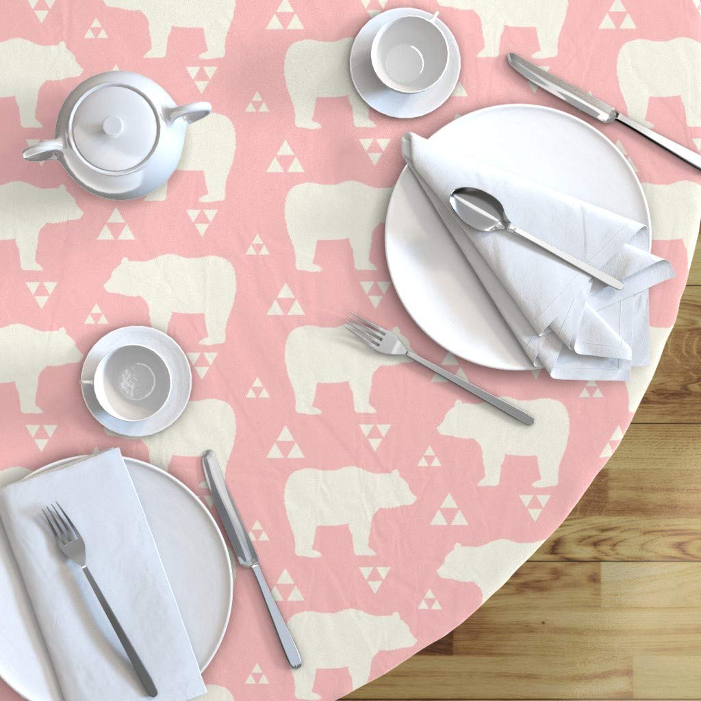 Custom Bears Triangles Light Pink Cream Animals Baby Modern Boho Geo Nursery Forest Print Cotton Sateen Tablecloth - 70