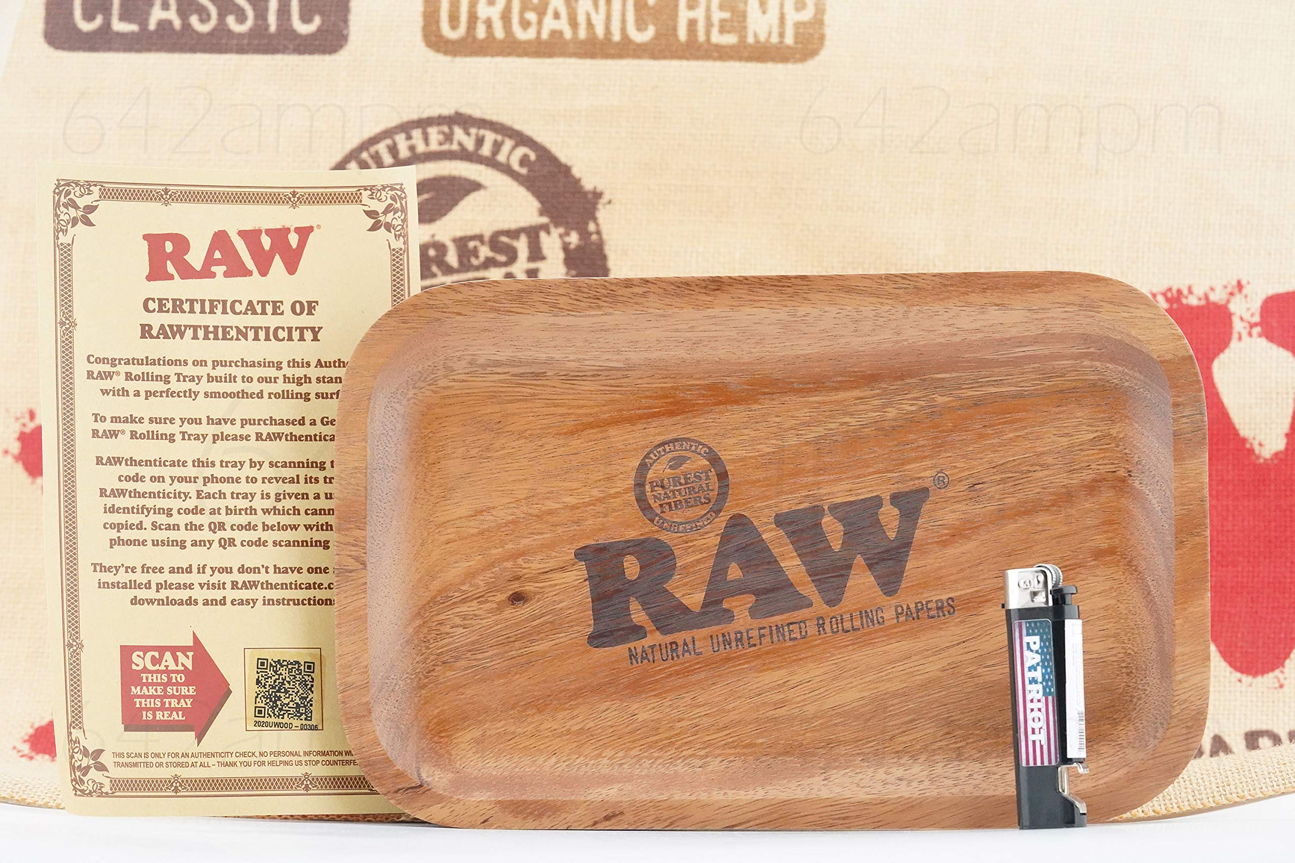 Premium Raw Wood Rolling Tray with Patriot Disposable Lighter - 2-Piece Smoking Accessories Bundle for Herbal Use, Travel & Outdoor Activities