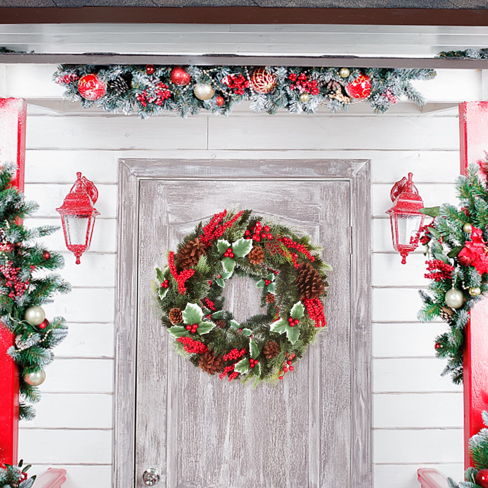 24 Inch Christmas Wreath with Artificial Eucalyptus, Berries & Pine Branches - Green Leaf Holiday Wreath for Front Door - Indoor Outdoor Xmas Decor for Home, Parties & Seasonal Celebrations