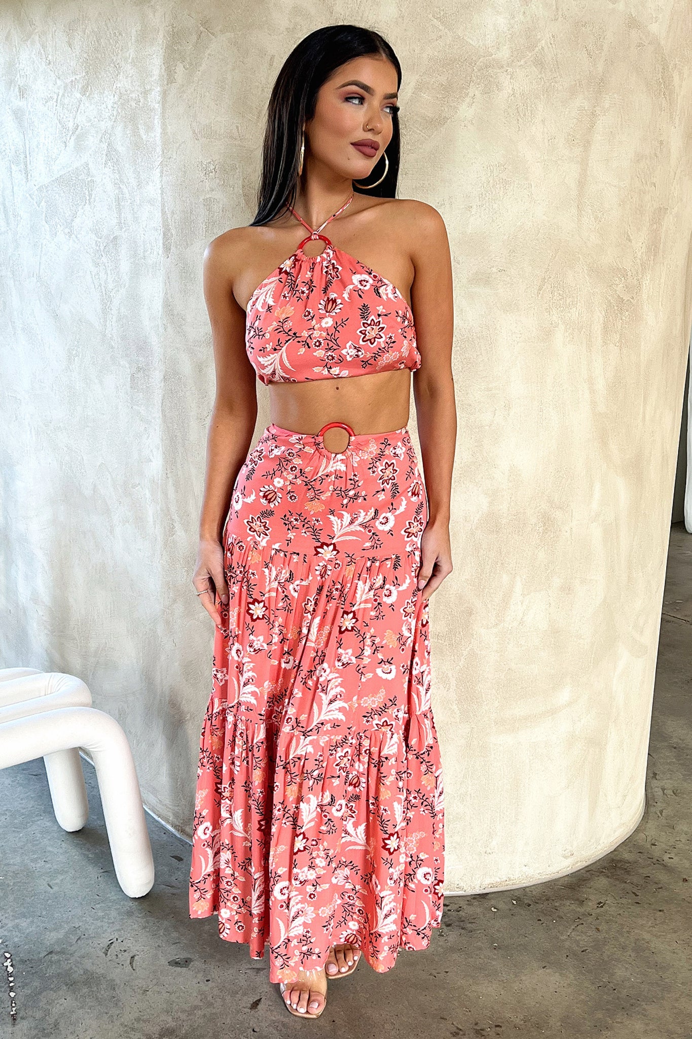 Lora Crop Top - Coral Floral Print Women's Summer T-Shirt | Boho Chic Blouse for Beach, Music Festivals & Casual Outfits