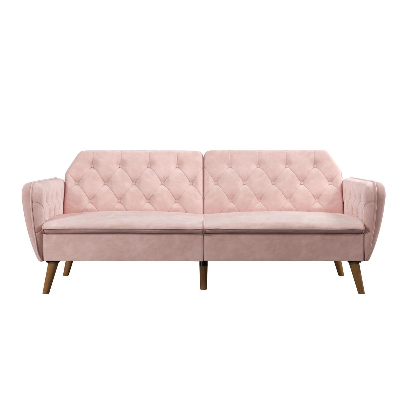 Novogratz Tallulah Convertible Memory Foam Futon Couch - Pink Velvet Sofa Bed for Small Spaces, Guest Room & Dorm | Comfortable Sleeper for Living Room, Apartment & Studio